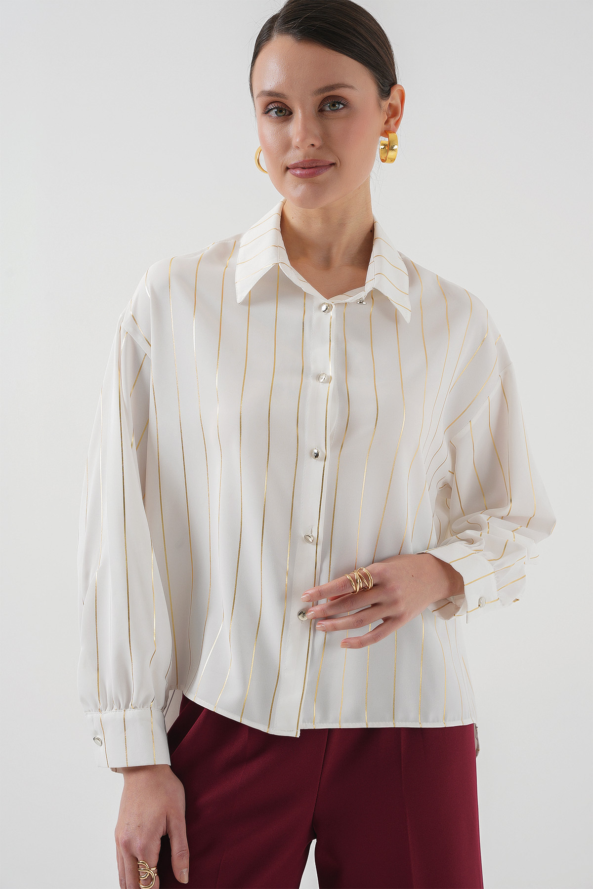 Bigdart-5924 Women's Gold Striped Shirt - C.White 1