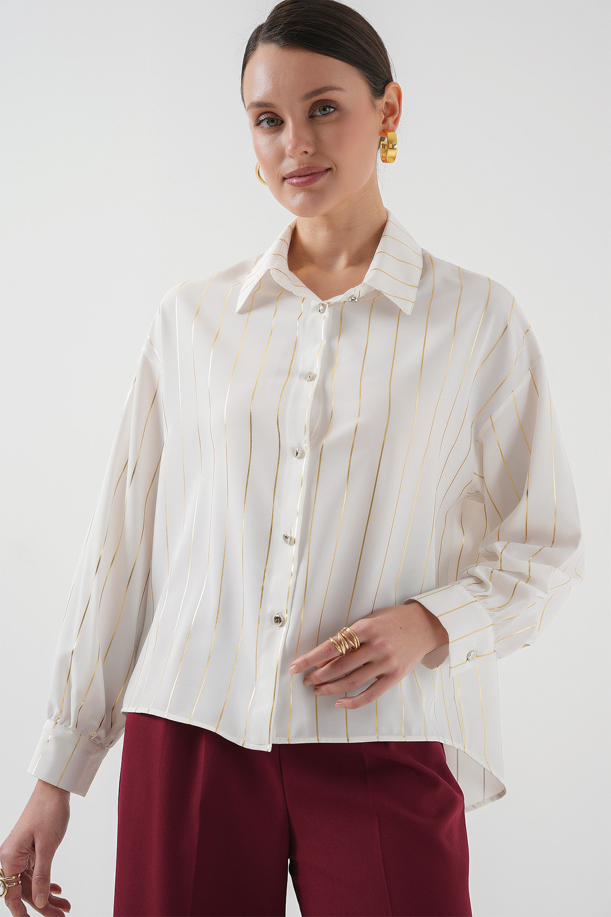 Bigdart-5924 Women's Gold Striped Shirt - C.White 3