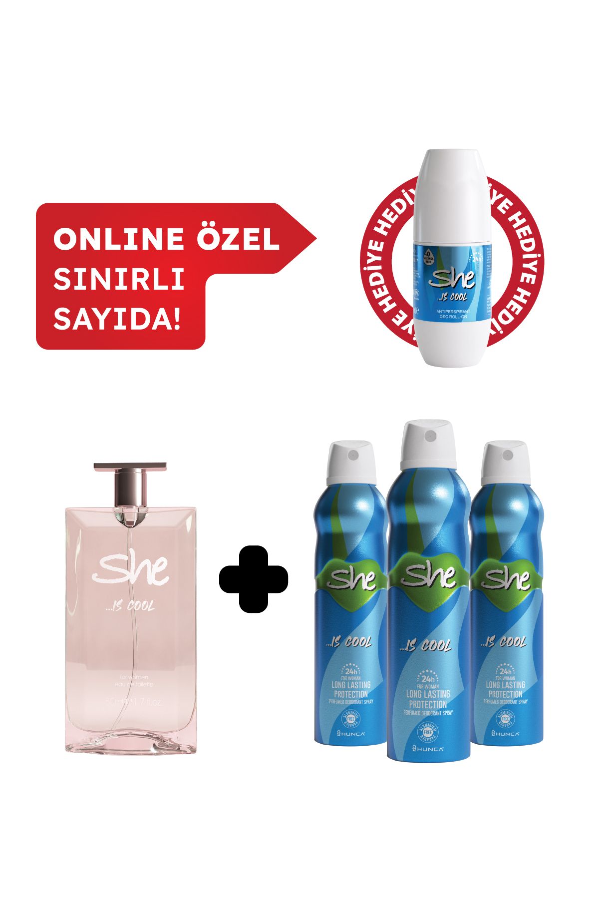 She Is Cool Kadın Edt Parfüm 50 ml & Deodorant 3*150 ml Avantajlı Set, Roll On HEDİYELİ