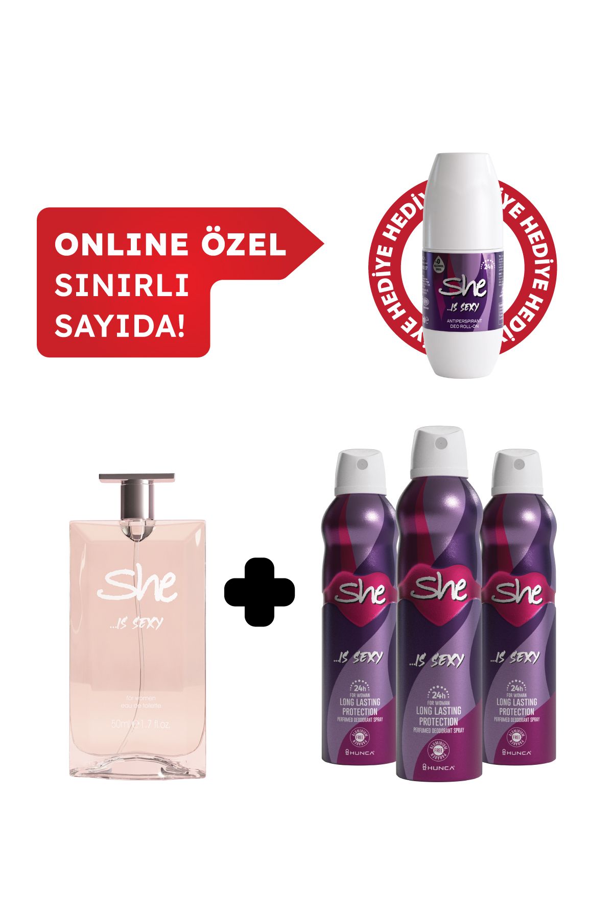 She Is Sexy Kadın Edt Parfüm 50 ml & Deodorant 3*150 ml Avantajlı Set, Roll On Hediyeli