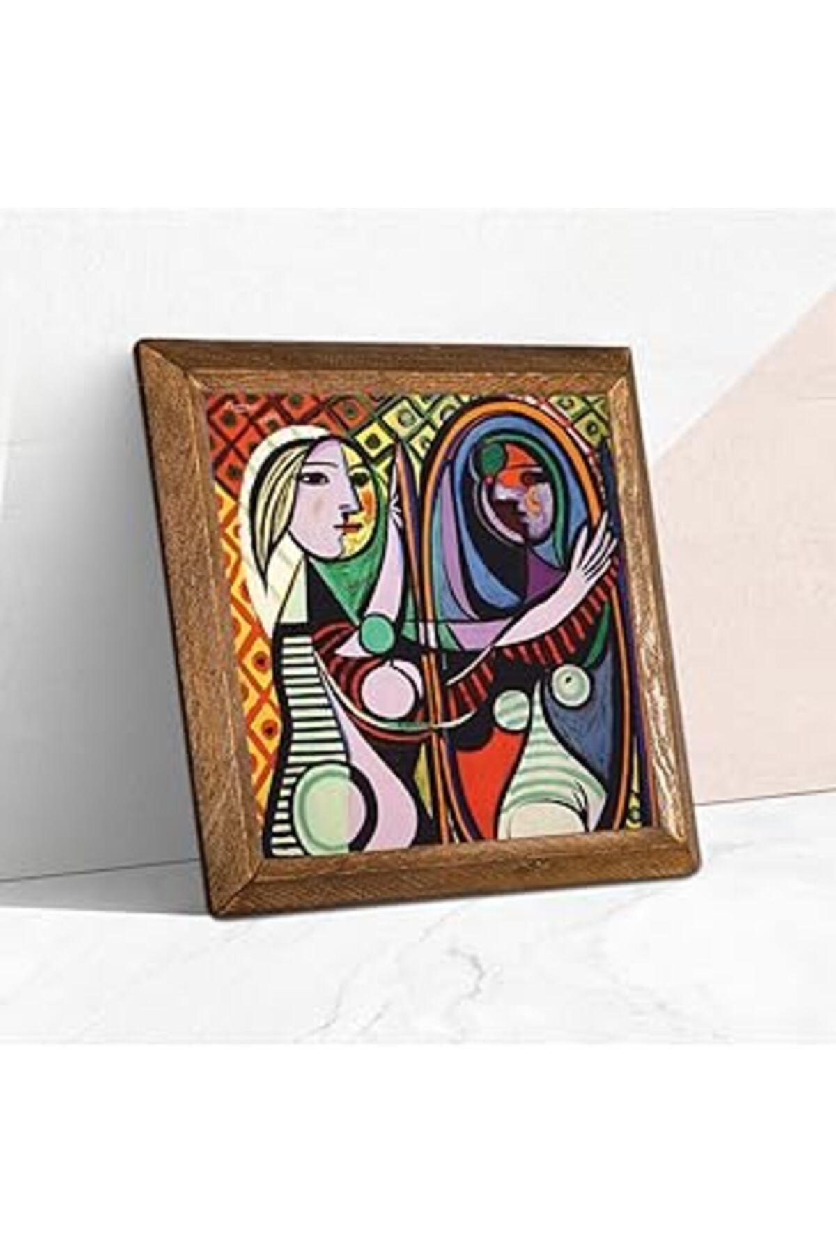 Mu Art Pinecone Pablo Picasso Ayna Karşısındaki Kız Taş Duvar Tablosu - Ahşap Çerçeveli Taş Tablo - 25X25