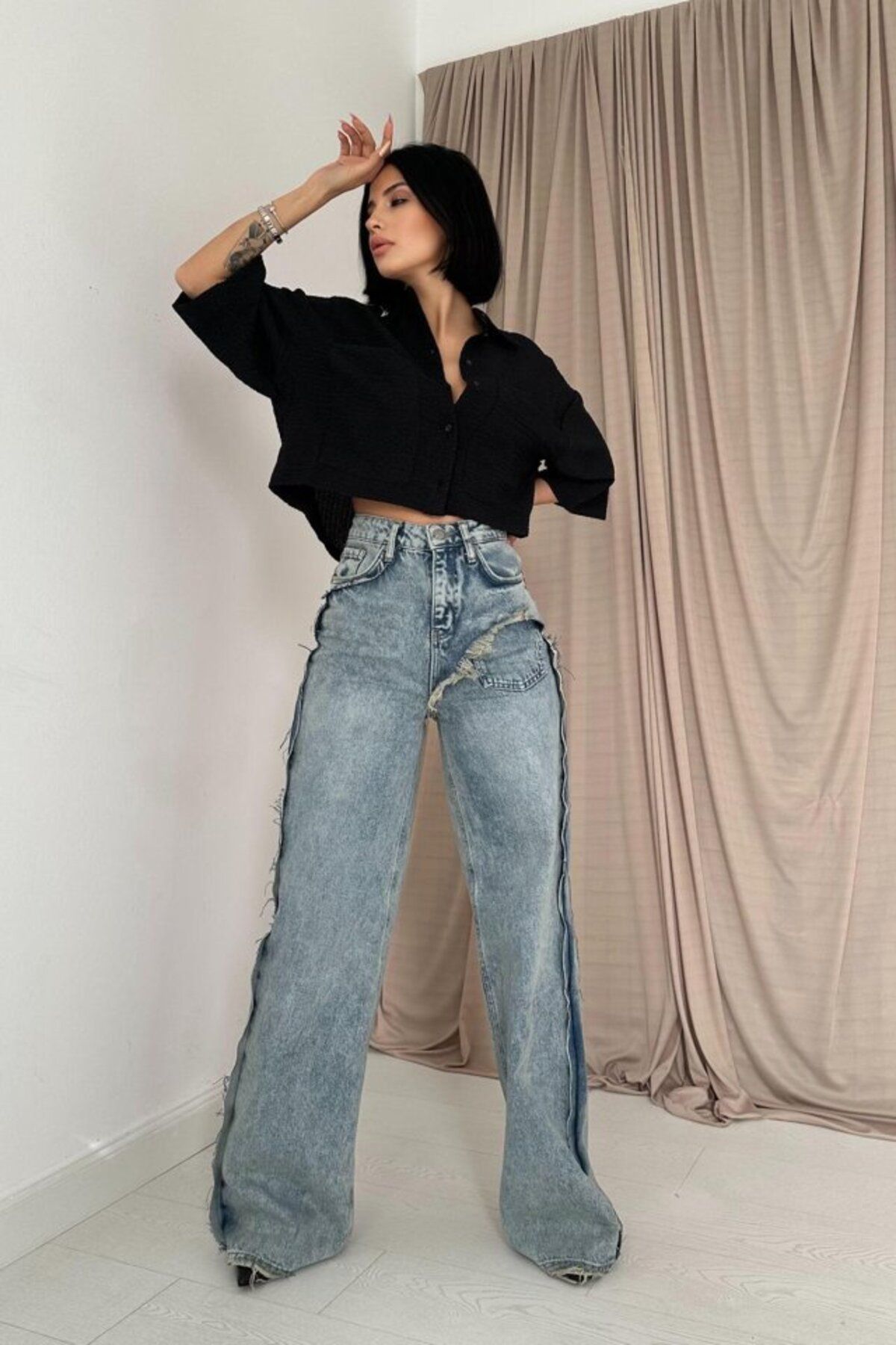 KAZAK Kar Yıkama Yan Yırtmaçlı Jeans Pantolon