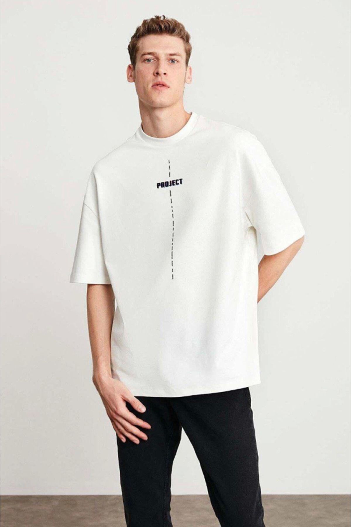 MHT STORE Unisex Baskılı Oversize T-Shirt - Beyaz