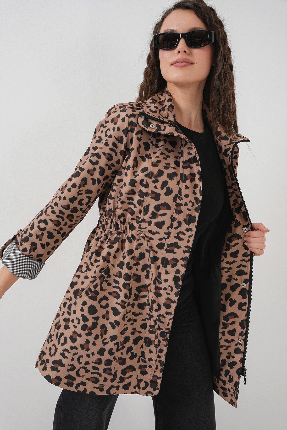 Bigdart-10322 Shirred Waist Trench Coat - B.Brown 4