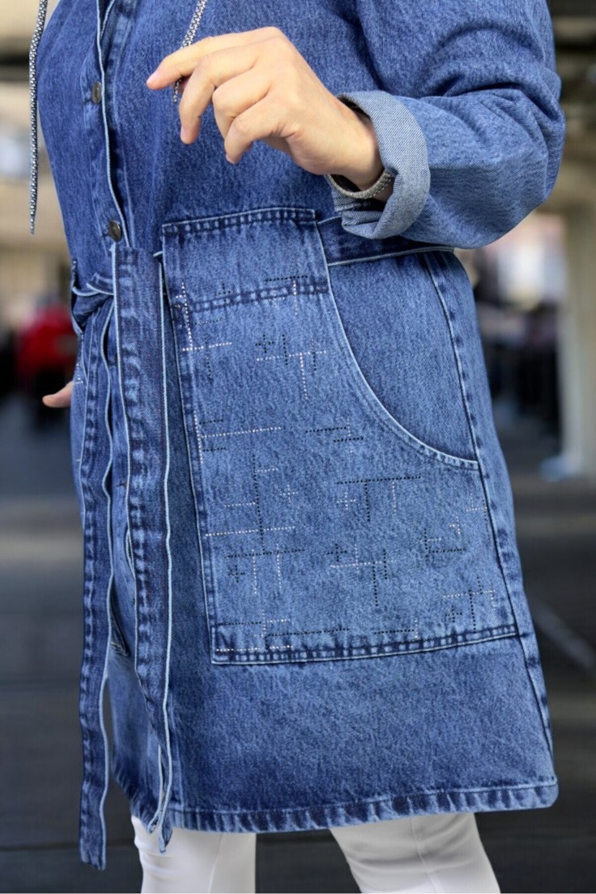 yagmurberen-Metal Button Closure Hooded Stone Decoration Detail with Belt Large Size Denim Jacket 4