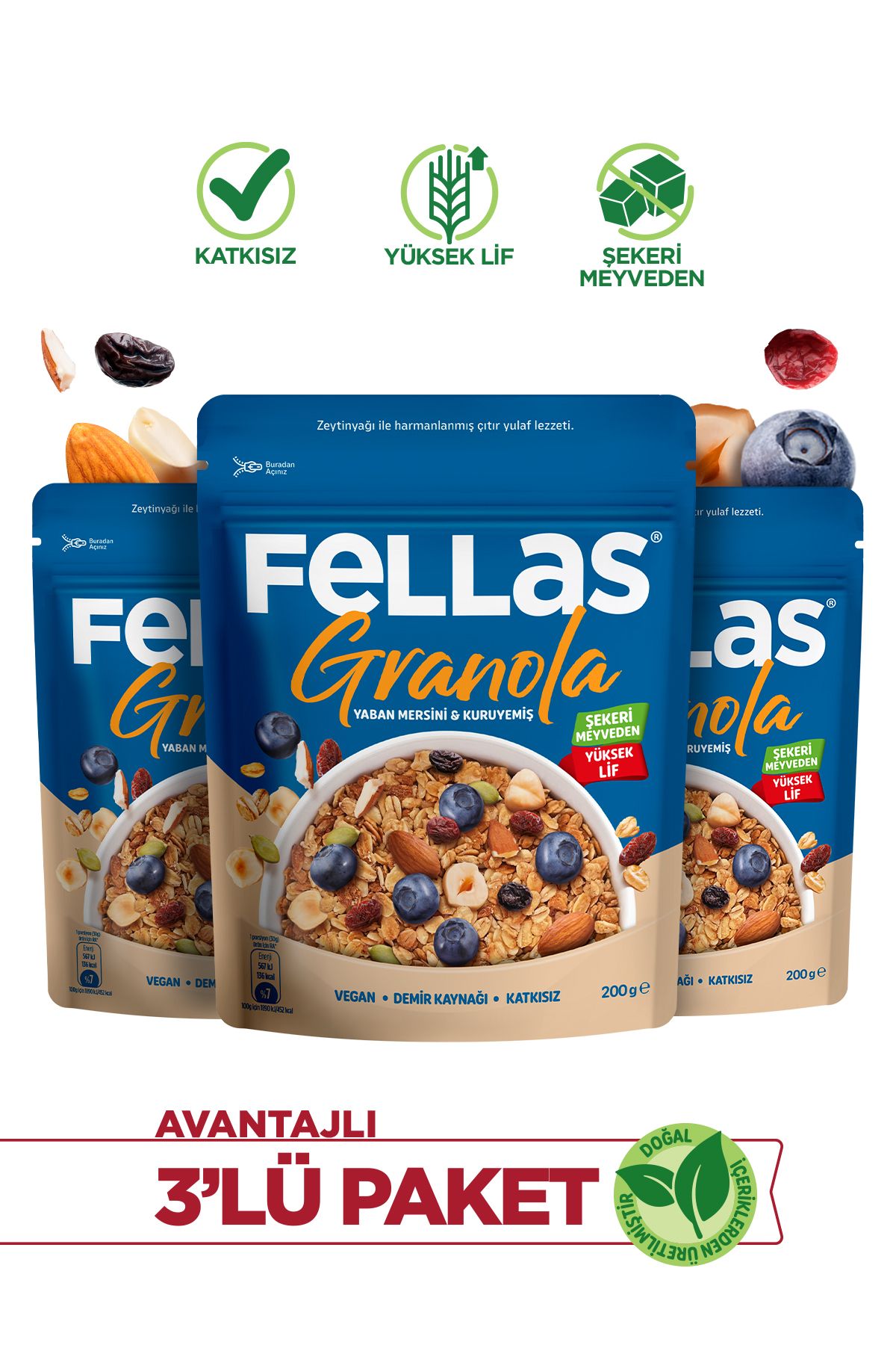 Fellas Granola - Yaban Mersini & Kuruyemiş 200g - 3'lü Paket