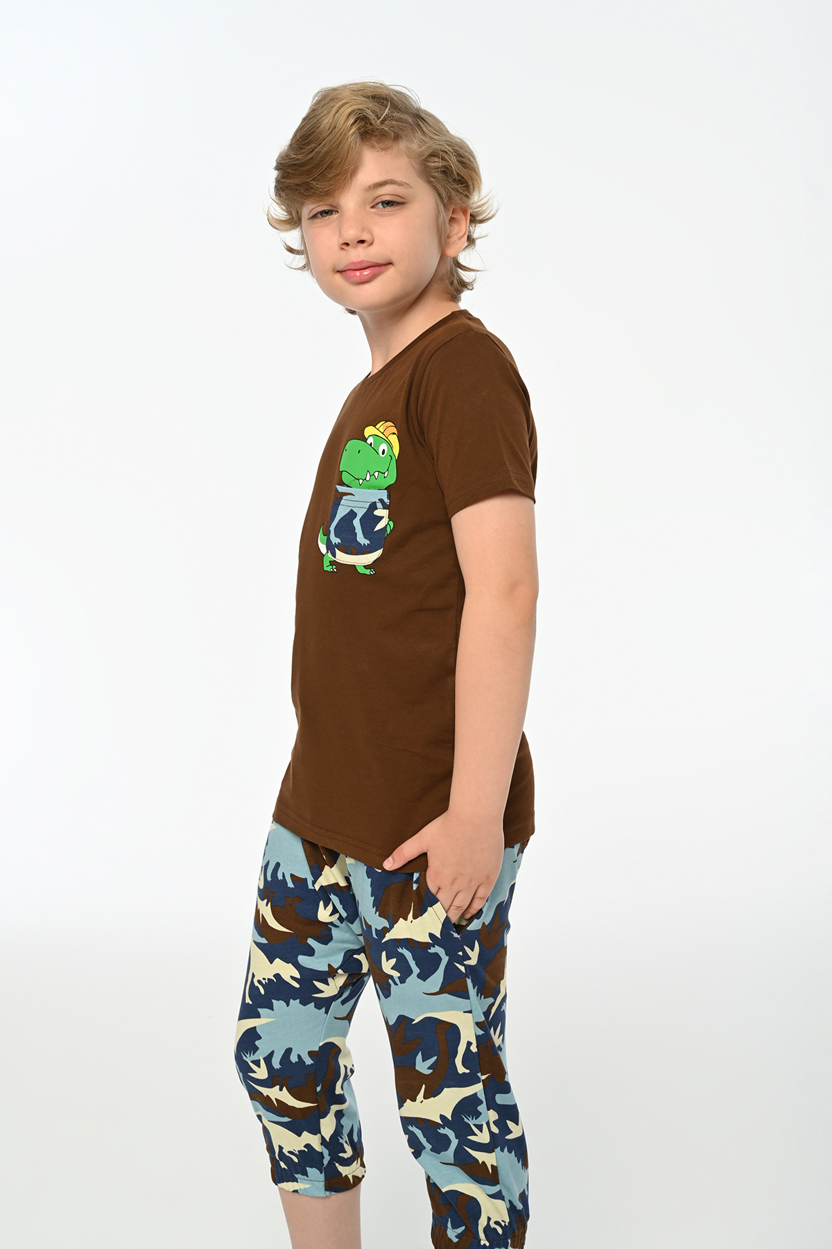 LupiaKids-Dino & Camouflage Patterned 2-Piece Capri Set - 100% Cotton - Brown Short Sleeve Top & Blue Panton 4