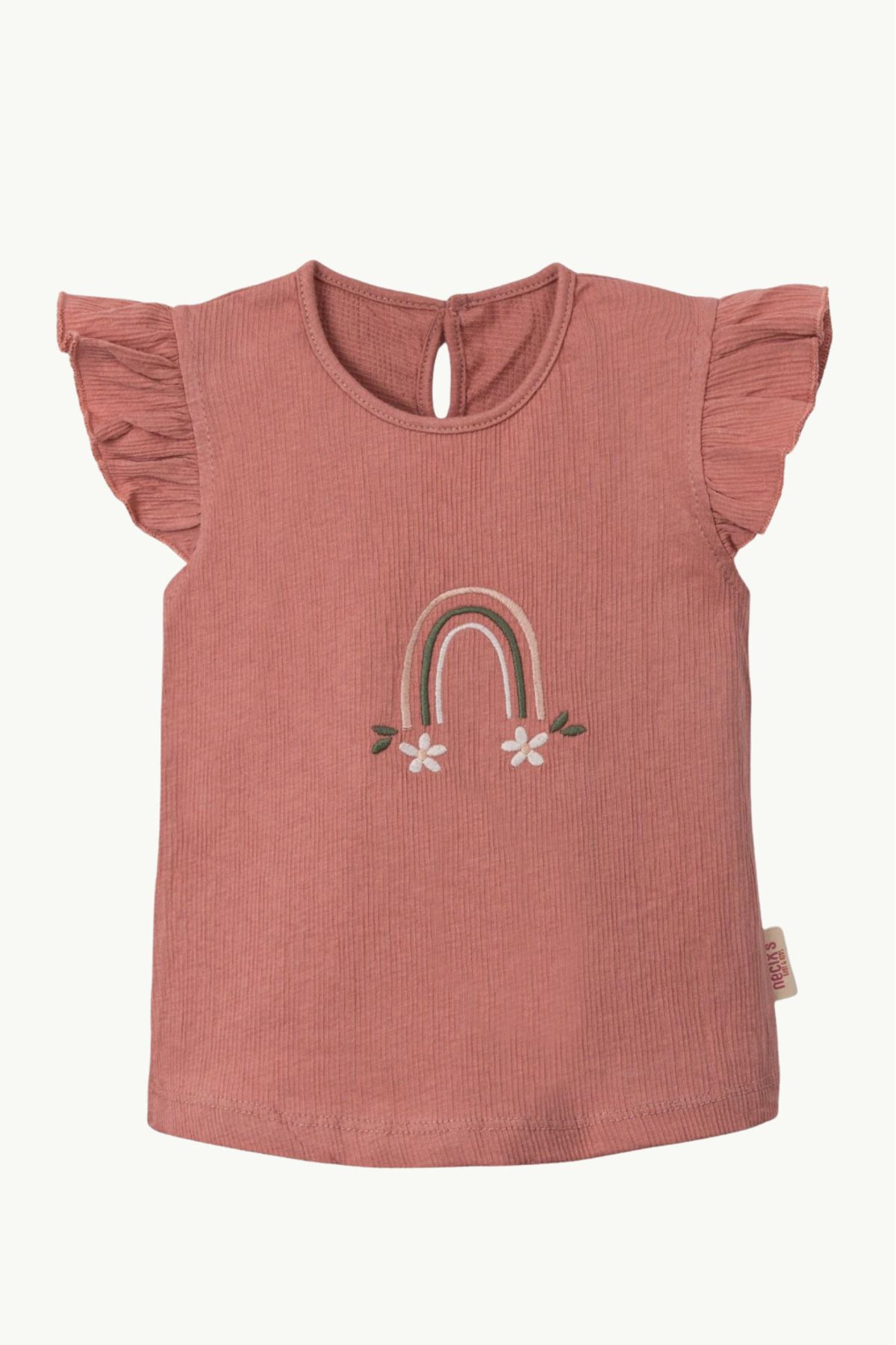 Kız Çocuk Bebek %100 Pamuk Yazlık Body T-shirt  Büzgülü Kol Arkadan Düğme Kapamalı Gökkuşağı Nakışlı