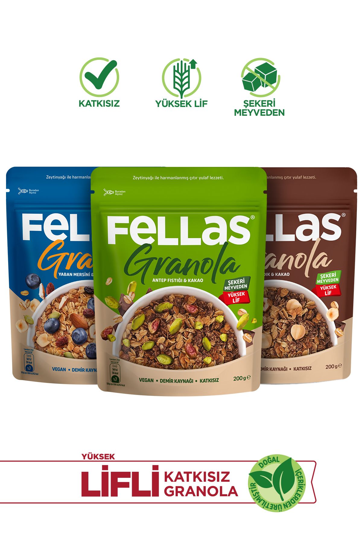 Fellas Granola 3'lü Mix Paket - Yaban Mersinli 200g Fındık 200g Antep Fıstığı 200g