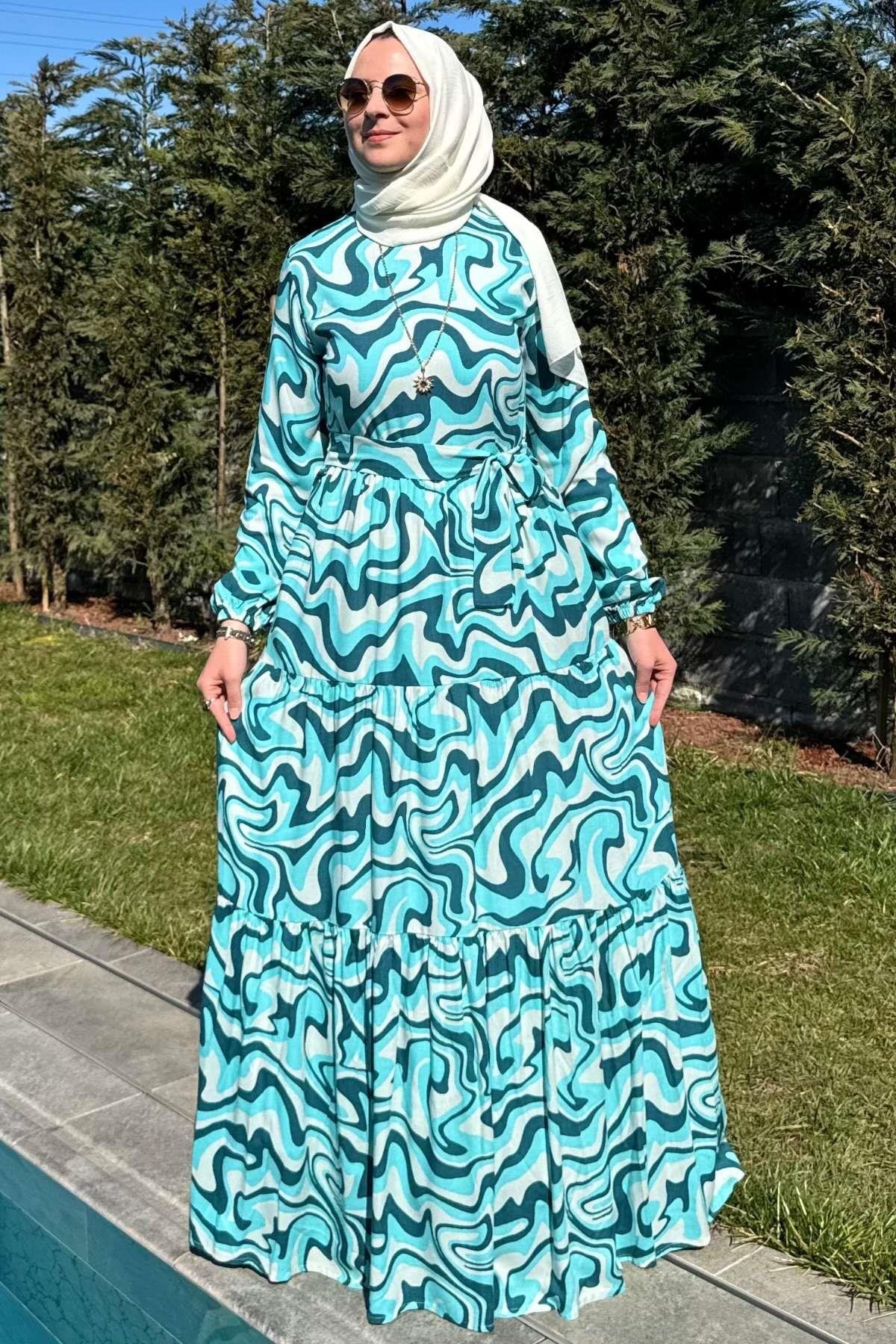 Rabia Şamlı-Turquoise Water Patterned Dress 3