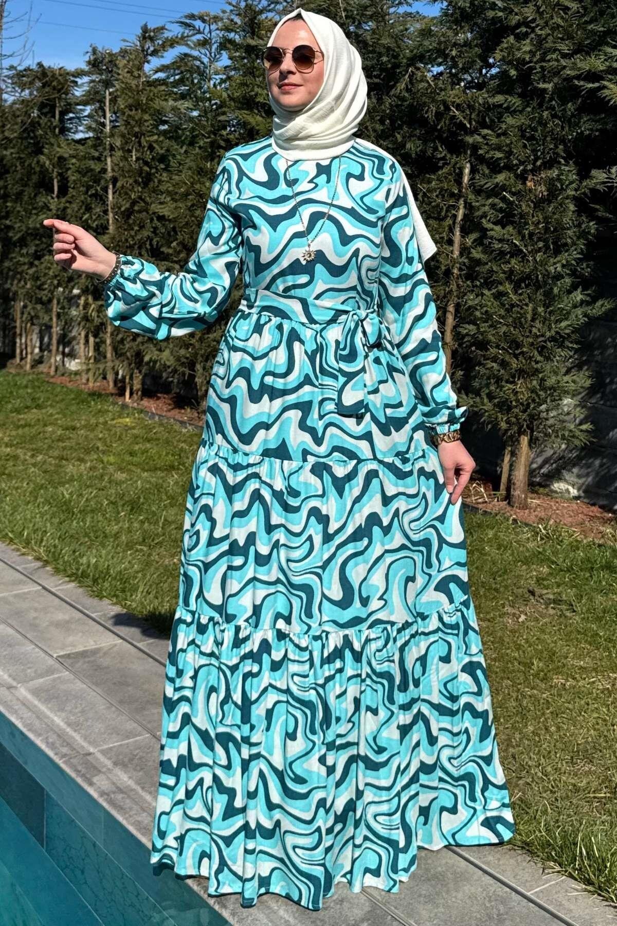 Rabia Şamlı-Turquoise Water Patterned Dress 1
