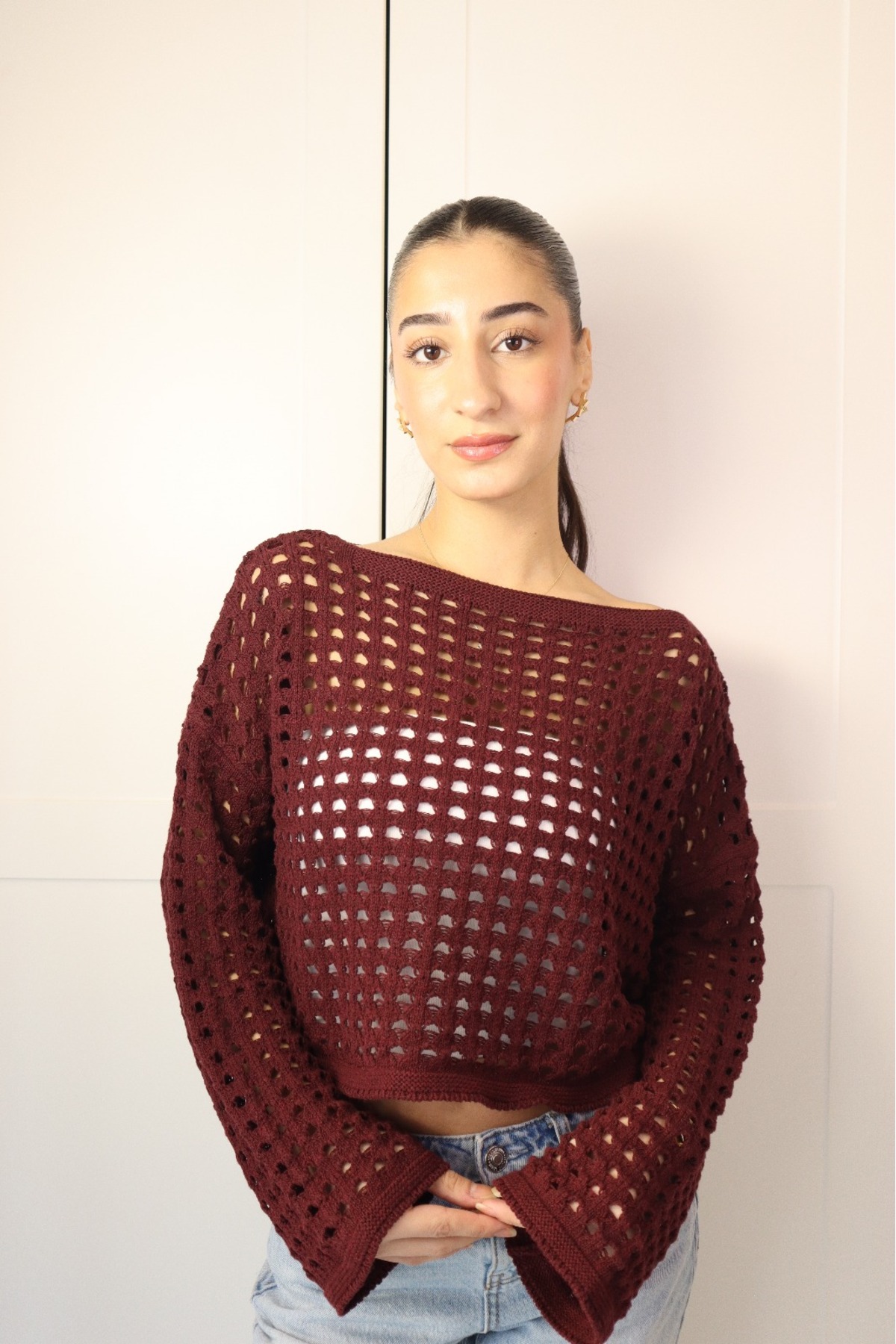 Genel Markalar  TRİKO FİLELİ DELİKLİ BORDO KAZAK - Görsel 3