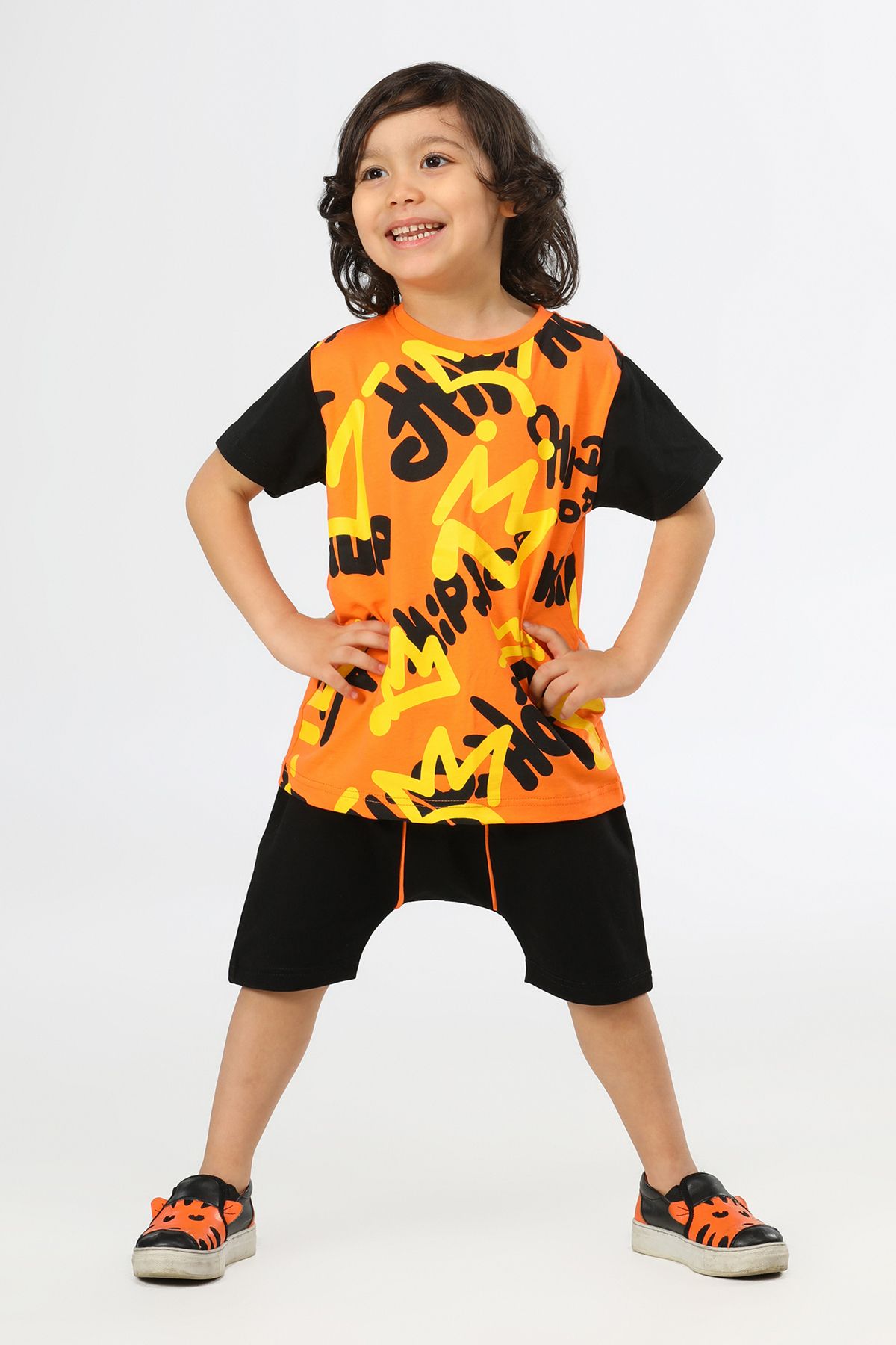 Mollycrush-Orange Black 100% Cotton Boy's Suit Graffiti Printed Summer Comfortable Useful Stylish 1