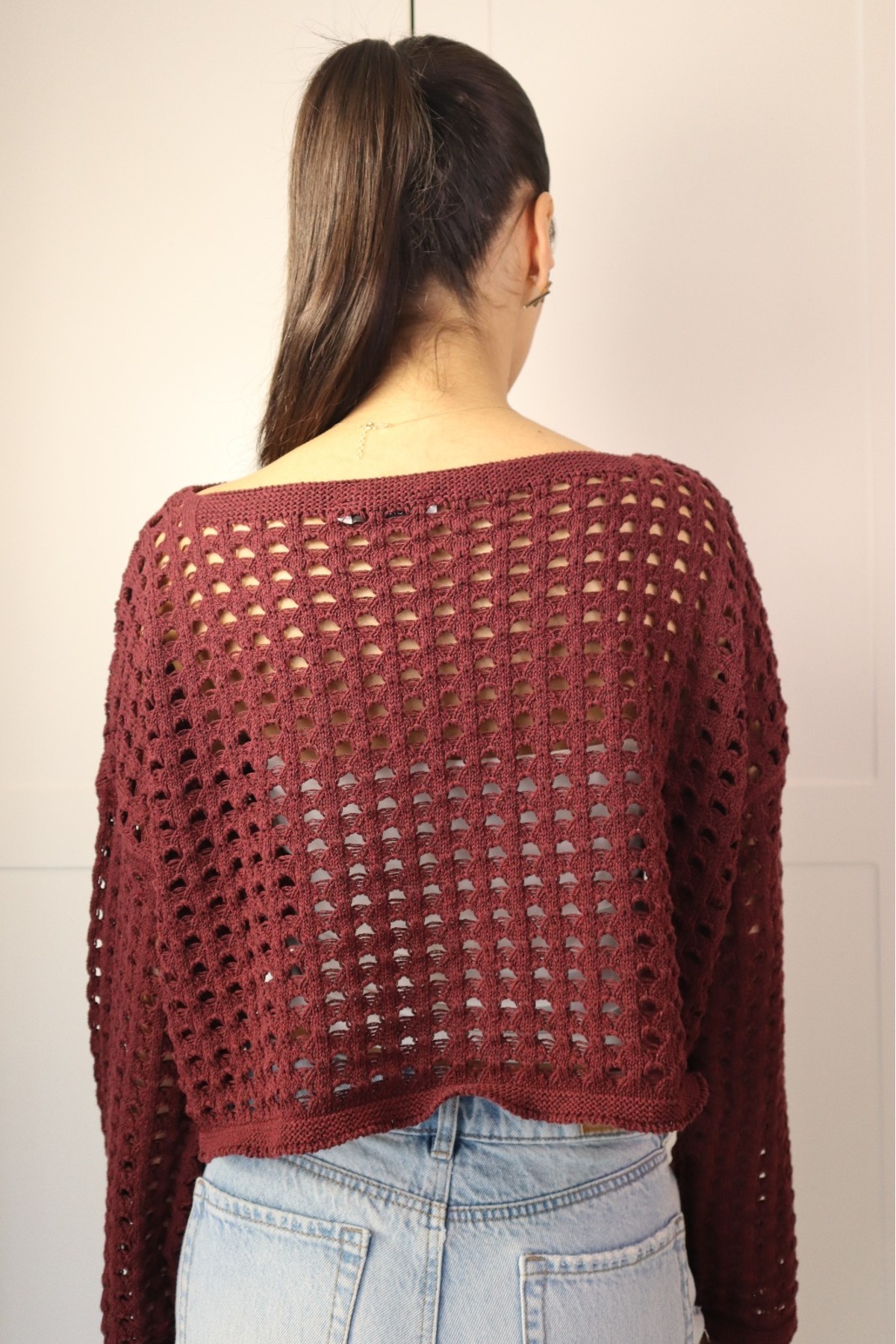 Genel Markalar  TRİKO FİLELİ DELİKLİ BORDO KAZAK - Görsel 2