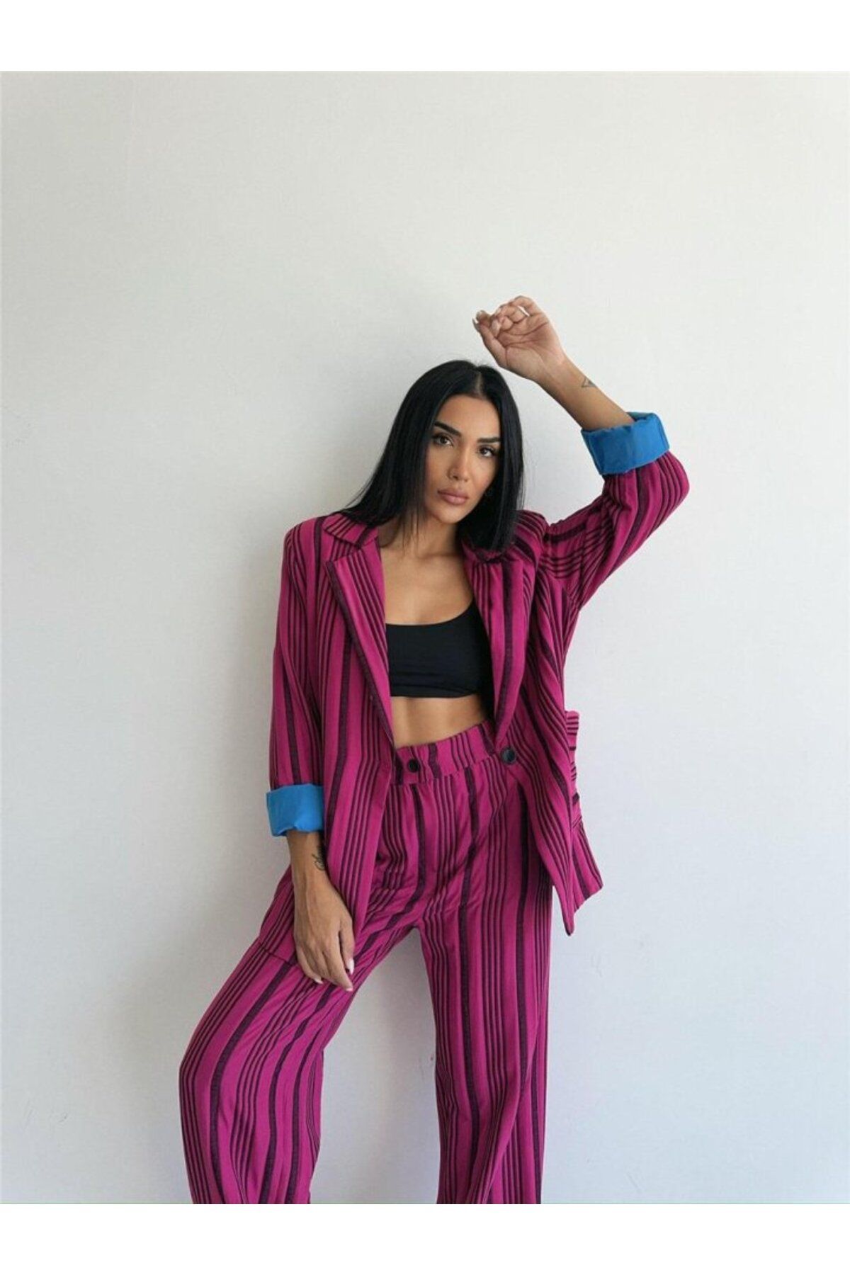 velmorafashion OTTOMAN ÇİZGİLİ CEKET-PANTOLON TK - Fuşya
