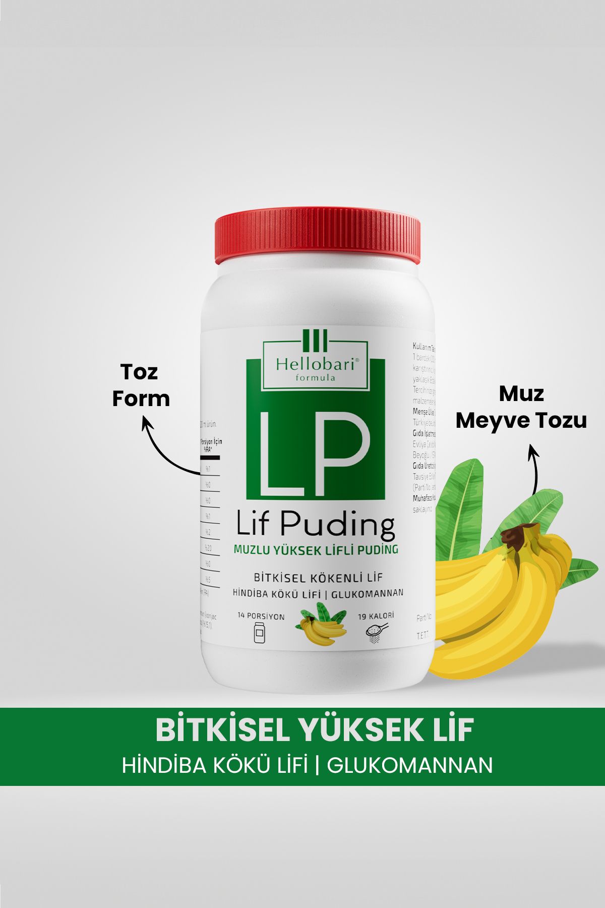 Hellobari Formula Lif Puding Doğal Lif Kaynağı | Glukomannan | Hindiba Kökü Lifi | 14 Porsiyon Muzlu