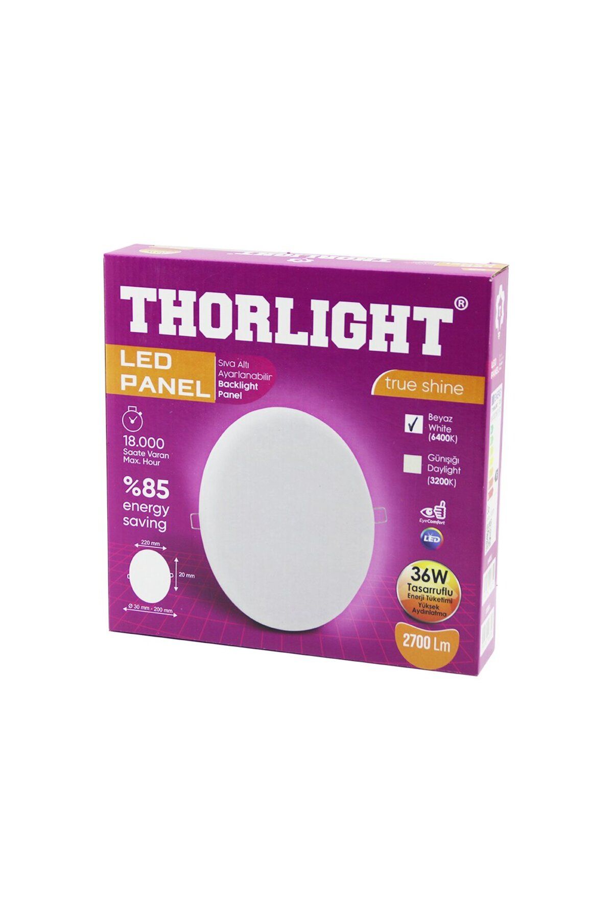 STOREMAX buxystorem THORLIGHT S-236 36W 22CM BEYAZ LED PANEL SIVA ALTI AYARLI MANDALLI 6400K - 2700LM - 18000