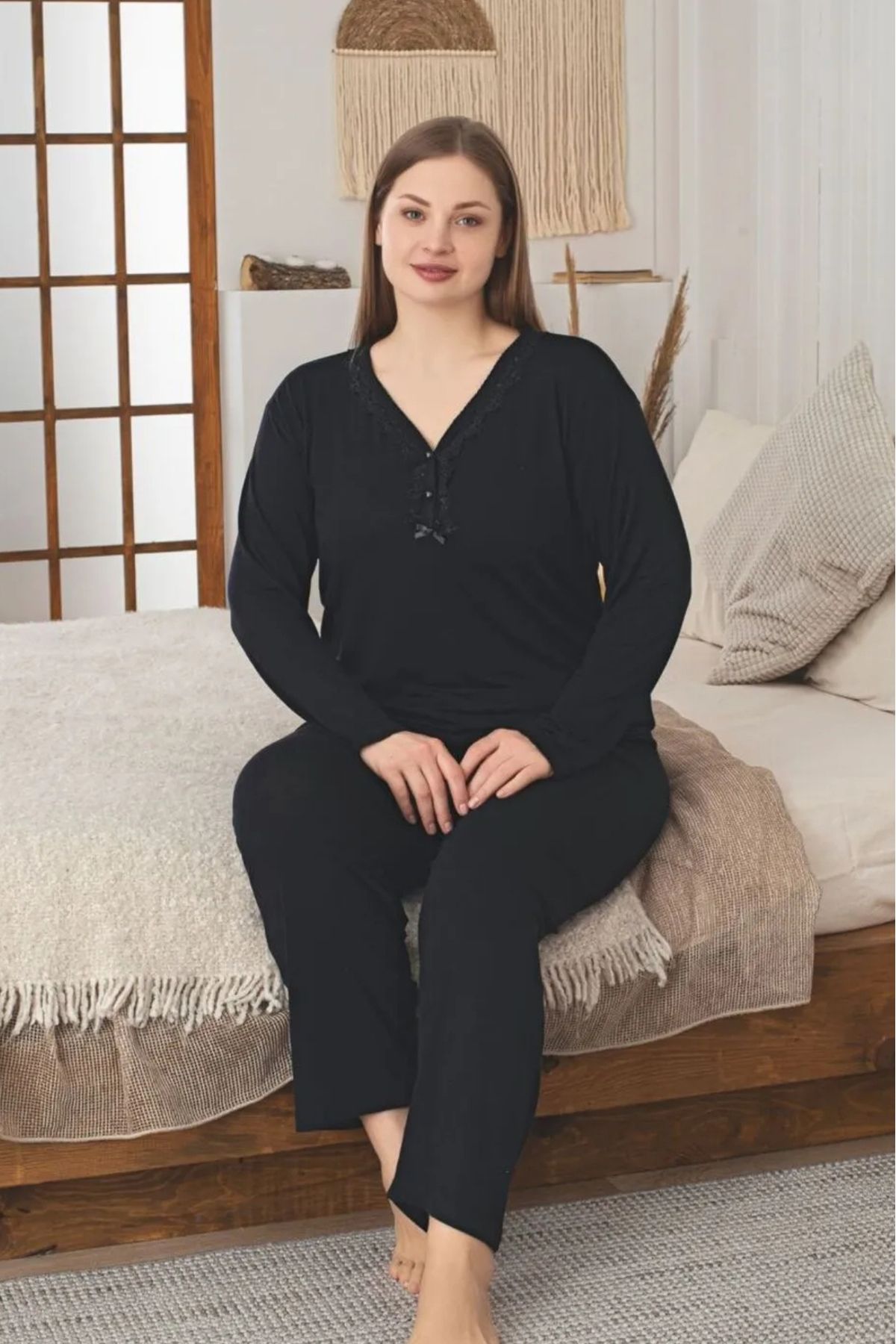 Farya Home-X-Dreamy Large Size Lycra Viscose Laced Long Sleeve Pajama Set 2