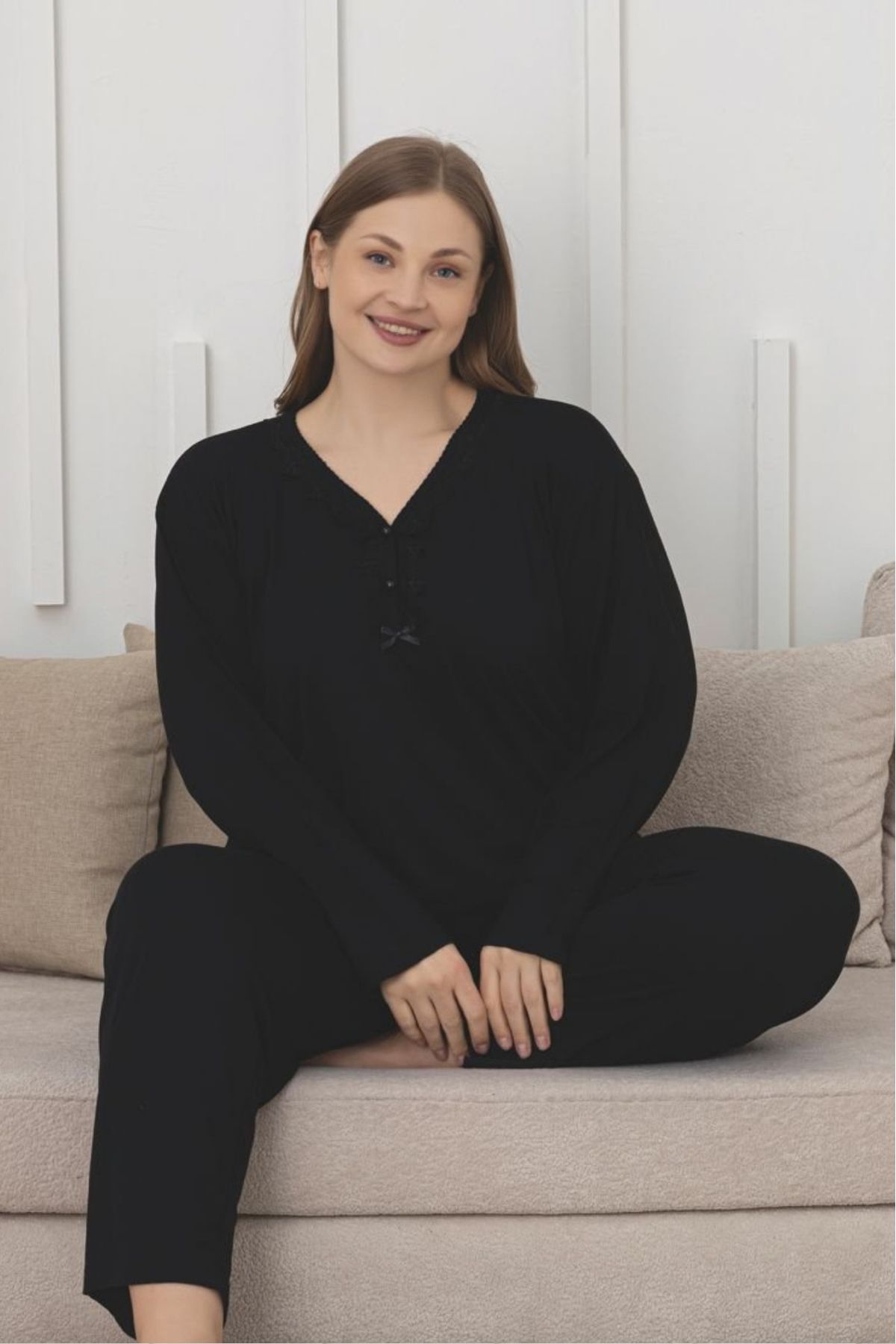 Farya Home-X-Dreamy Large Size Lycra Viscose Laced Long Sleeve Pajama Set 3