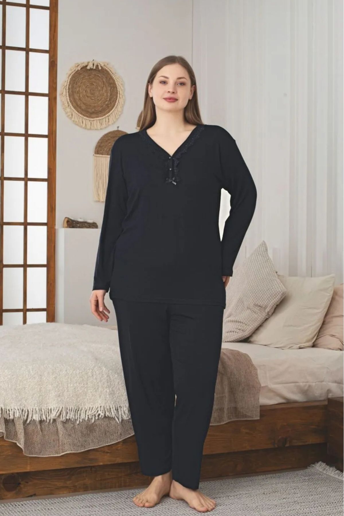 Farya Home-X-Dreamy Large Size Lycra Viscose Laced Long Sleeve Pajama Set 1