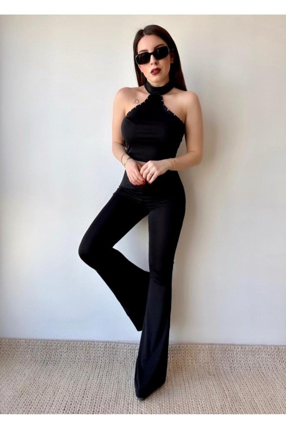 JANES-Women's Micro Fabric Stone Detailed Blouse & Flared Leg Pants Double Set 4