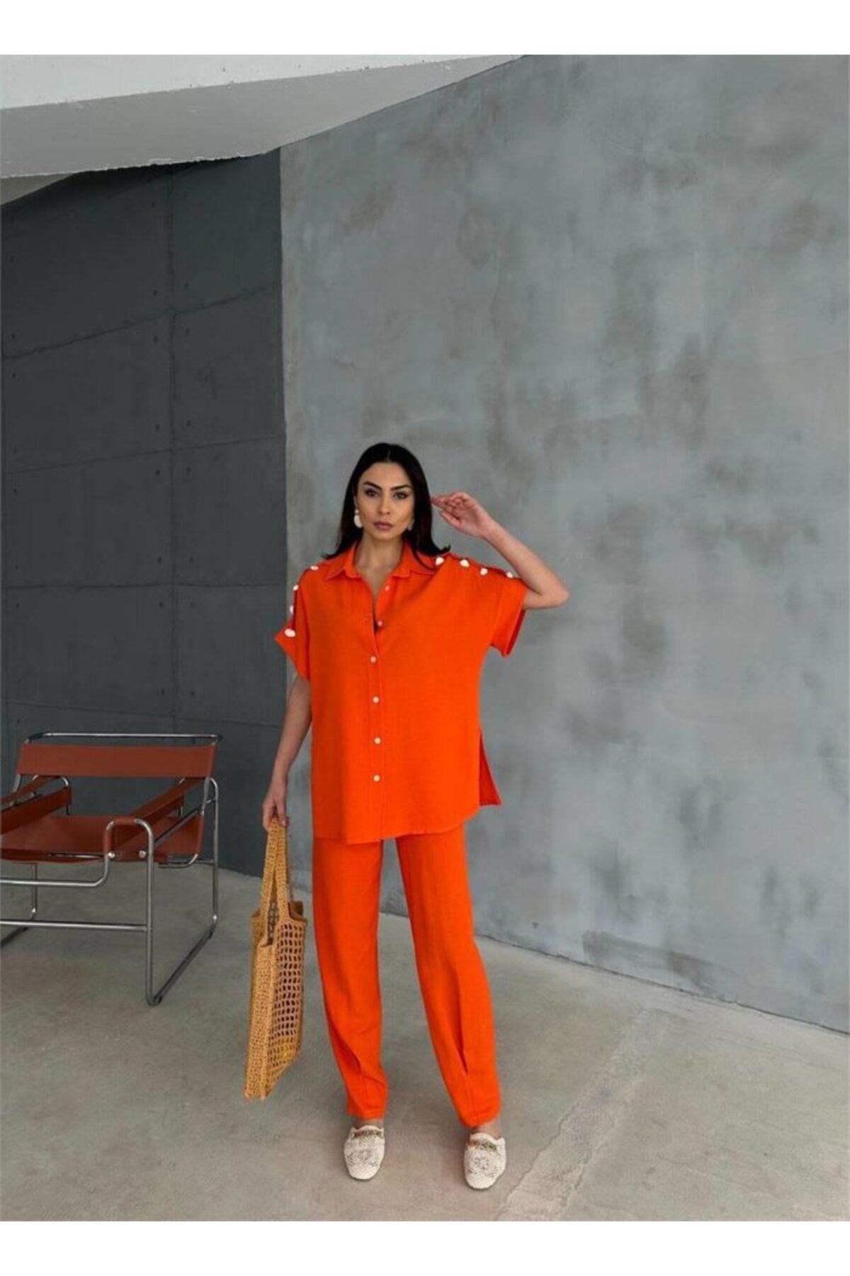 novafems OMUZ SIRALI BLUZ - PAÇA PENSLİ PANTOLON TAKIM - Orange
