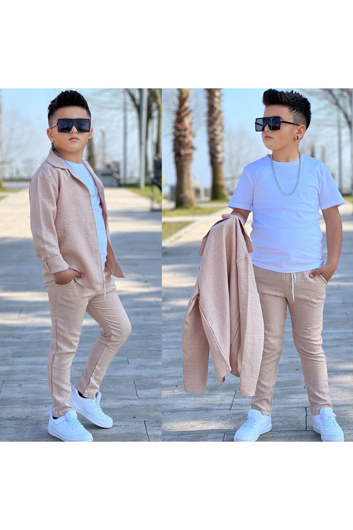 Calisa-Children's Linen Shirt Pants Tshirt Eid Suit 2