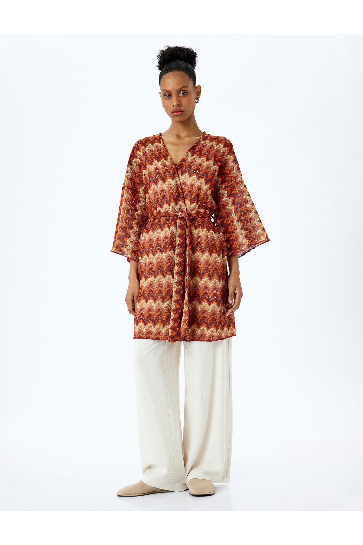 Koton-Long wide sleeve belted patterned long kimono. 3