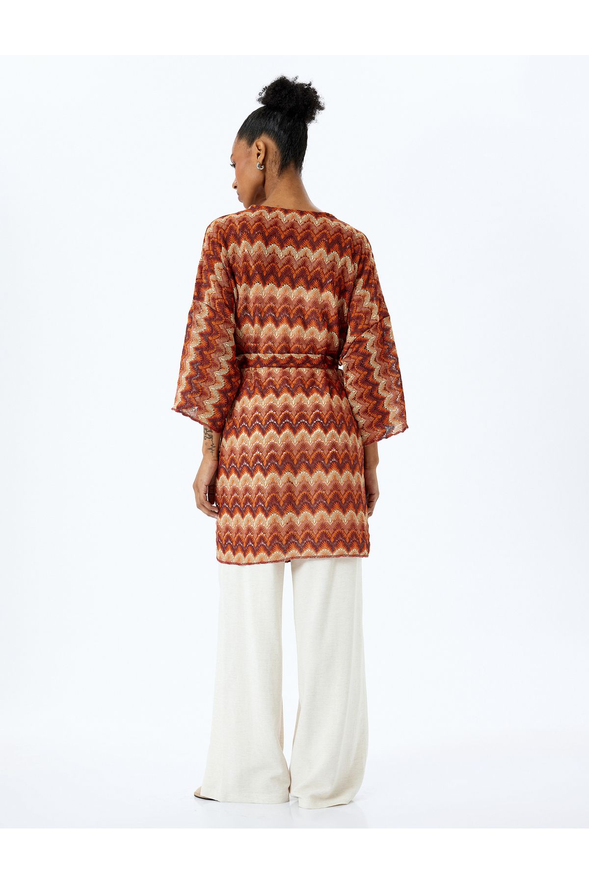 Koton-Long wide sleeve belted patterned long kimono. 4
