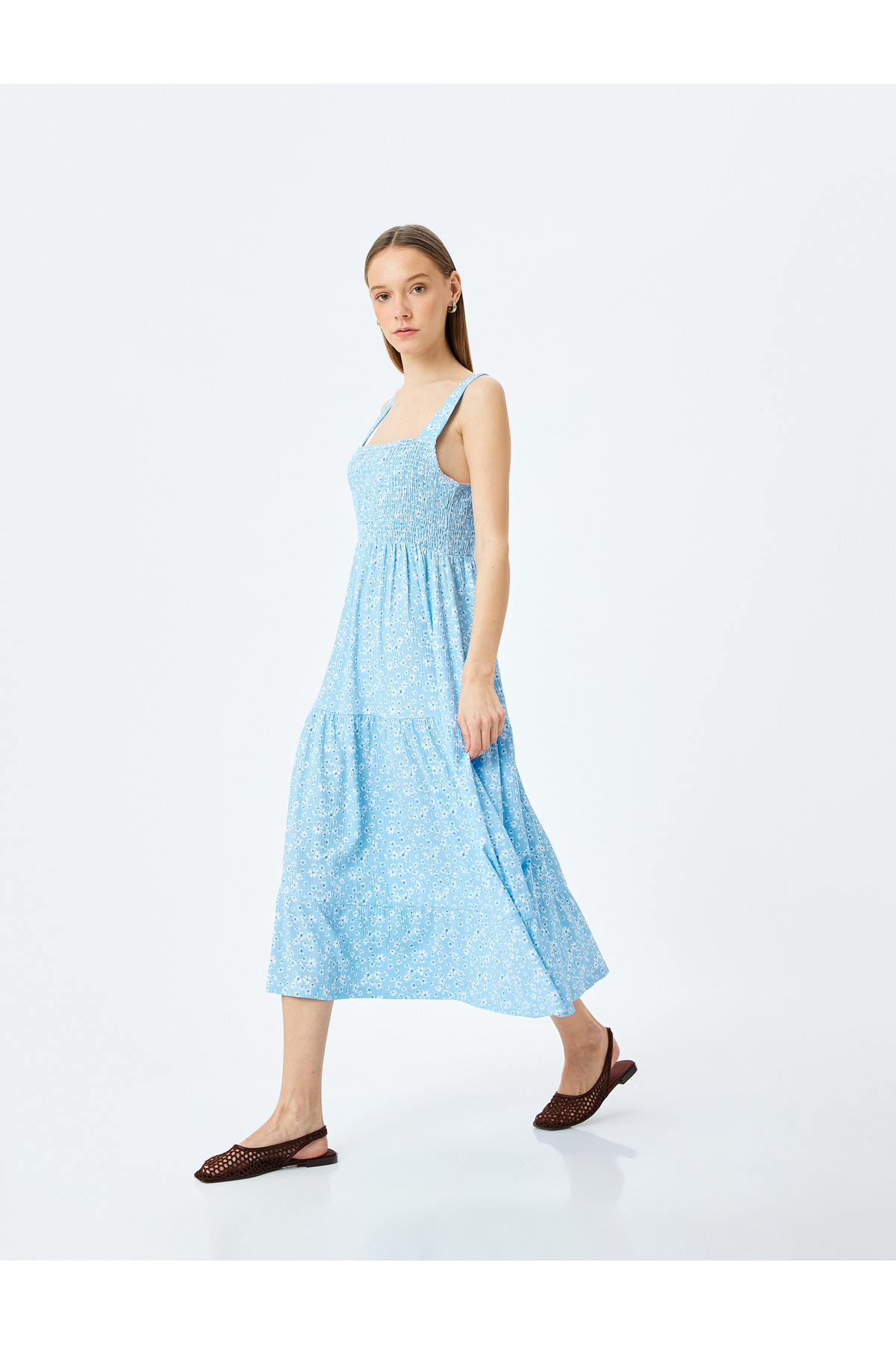 Koton Gipped thick strappy floral midi sleeveless dress.
