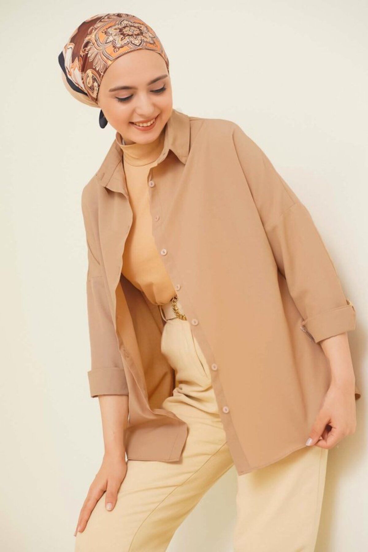 GE TİCARET 103901 Oversize Basic Tesettür Gömlek - Camel