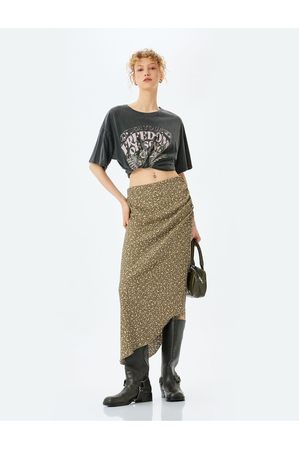 Koton Yeni Sezon Asimetrik Slim Fit Yüksek Bel Drapeli Çiçekli Midi Etek Bürümcük
