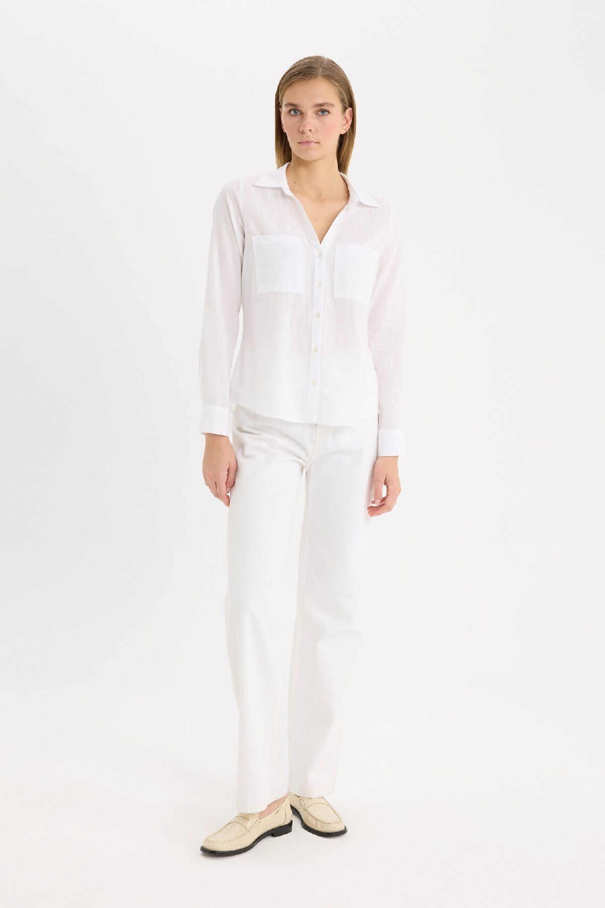 DeFacto-Regular Fit Basic Plain Linen Blended White Long Sleeve Shirt V2522Az25Sp 2