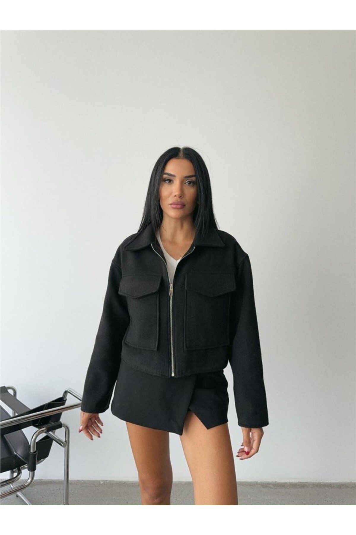 Gökyüzü Moda KAŞE CROP CEKET ÖNDEN FERMUARLI - Siyah