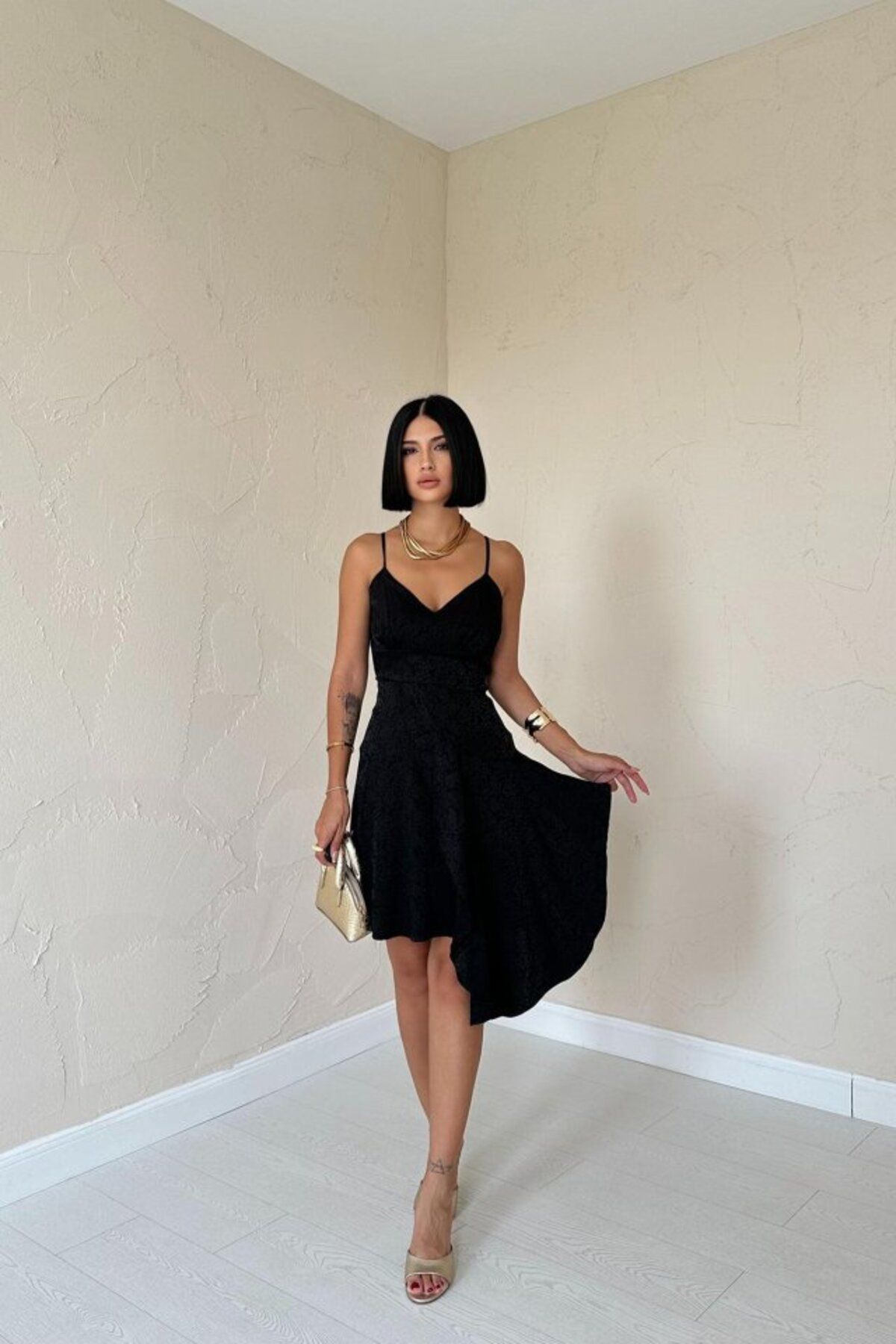 fh fashionhere Siyah Jakarlı Asimetrik Elbise
