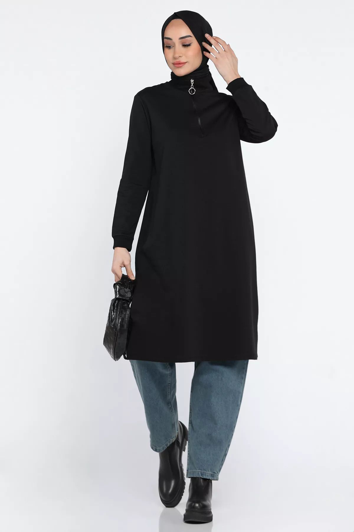 julude-Μαύρο γυναικείο γιακά με μισό φερμουάρ Hijab τουνίκ 5