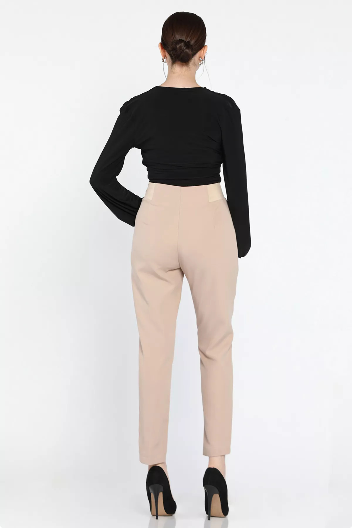 GÜLSELİ-Koyutaş Women's Large Size Fabric Trousers with Elastic Waist Button Detail 3