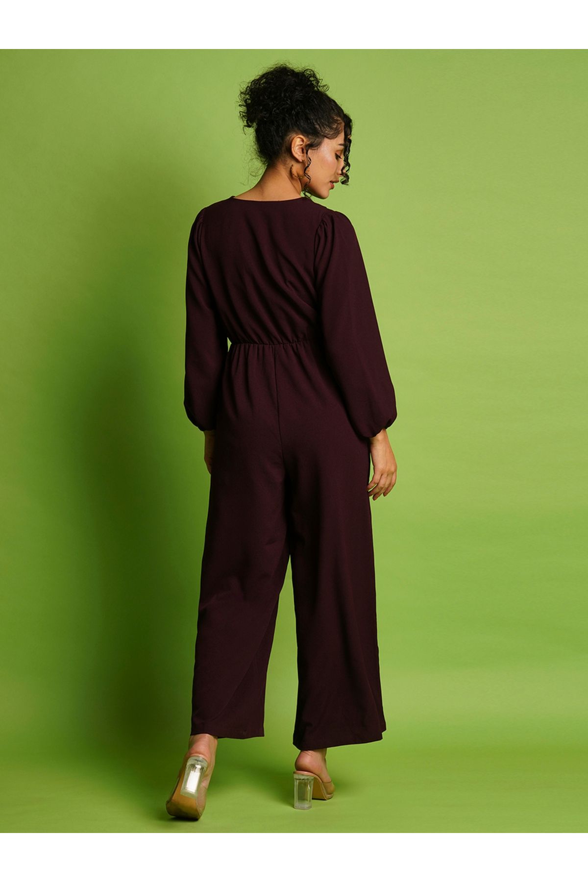 Globus By Styli-Solid V-Neck Balloon Sleeves Wide Leg Jumpsuit 3
