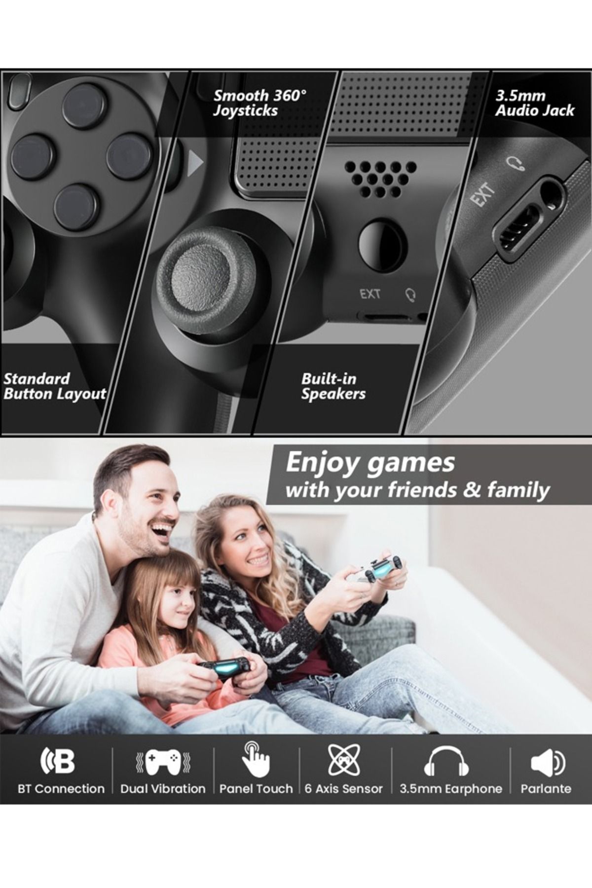 FlashHawk-Bluetooth Wireless Game Controller for PS4/PC/iOS/Android with Dual Vibration, - Dark Black 3