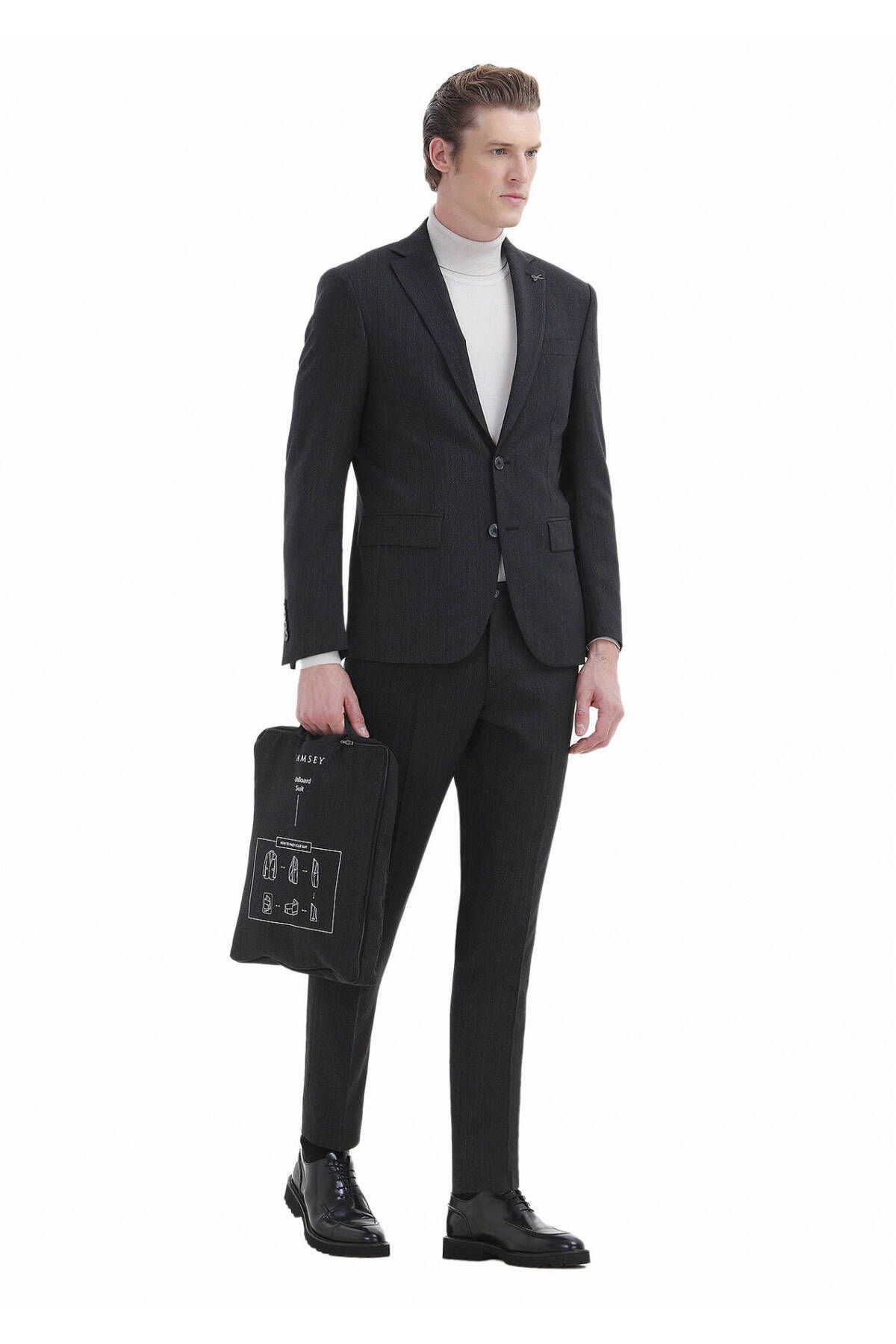 Ramsey-Modern Fit Anthracite Striped Wool Blended Suit 2