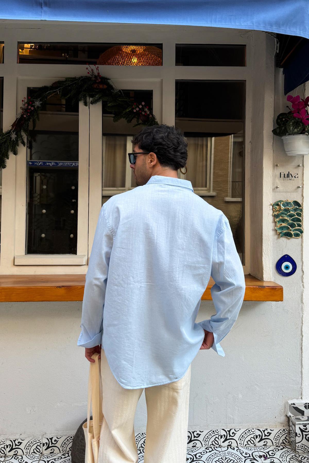 Flaw Wear  Basic Keten Gömlek Mavi - Görsel 4