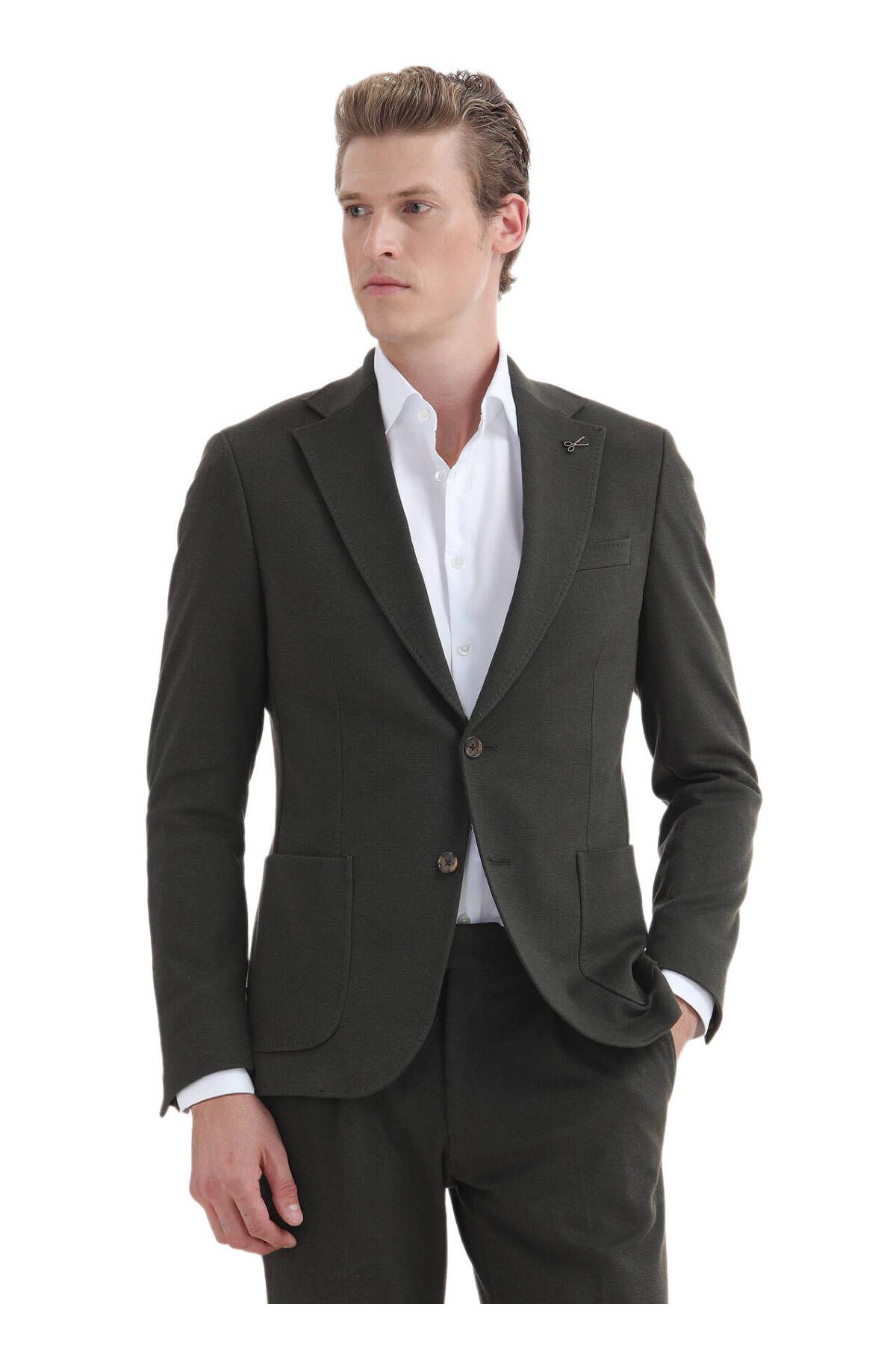 Ramsey-بدلة محبوكة من مزيج القطن باللون الكاكي Slim Fit Zeroweight 2