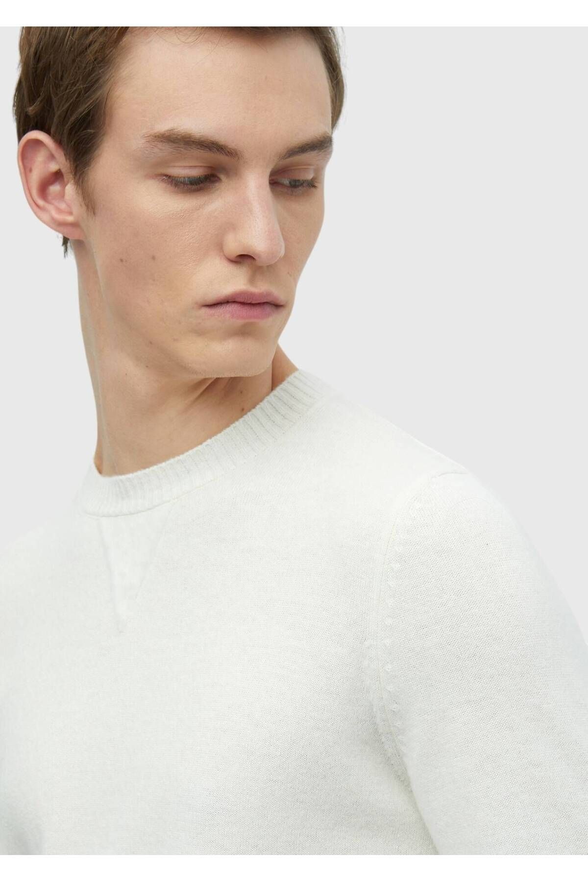 Ramsey-Ecru Crew Neck Plain Knitted Wool Blended Knitwear 5