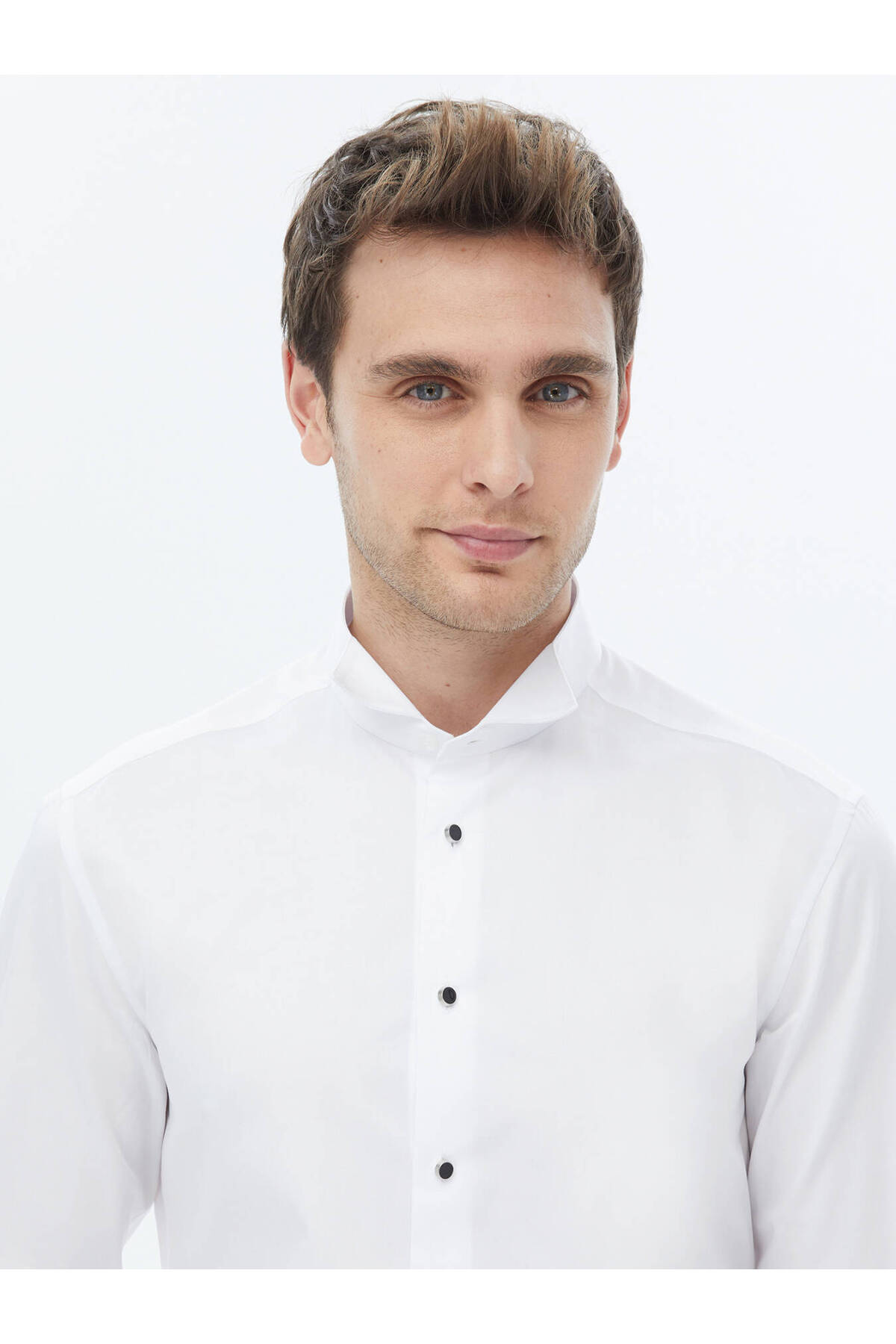 Kip-White Plain Slim Fit Double Cuff Turtle Collar Tuxedo Shirt 1