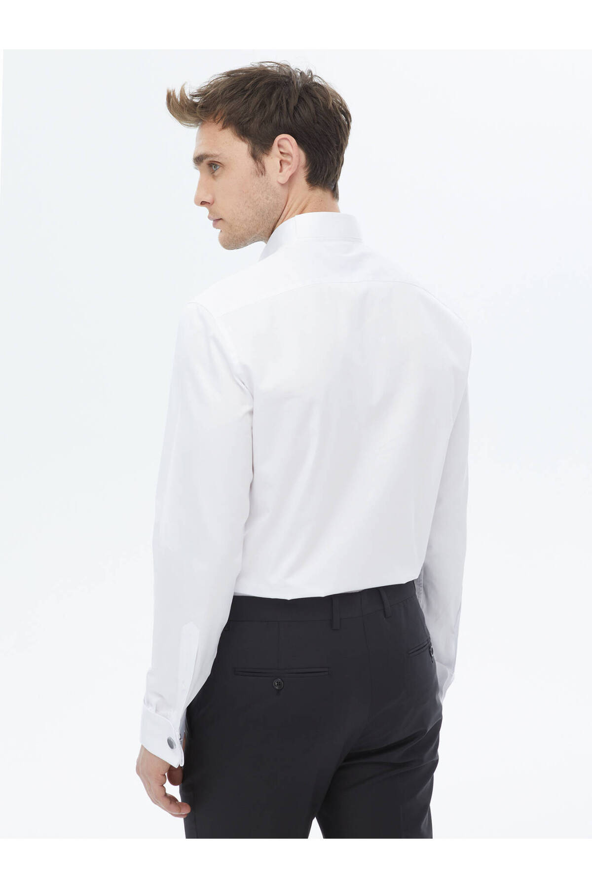 Kip-White Plain Slim Fit Double Cuff Turtle Collar Tuxedo Shirt 7
