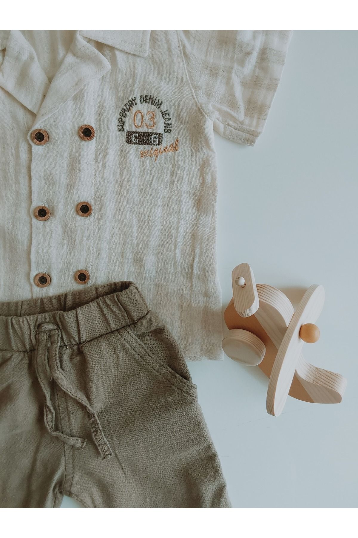 damdamin-Baby Boys Double Breasted Lapel Double Button Shirt & Cotton/Linen Shorts Set 6