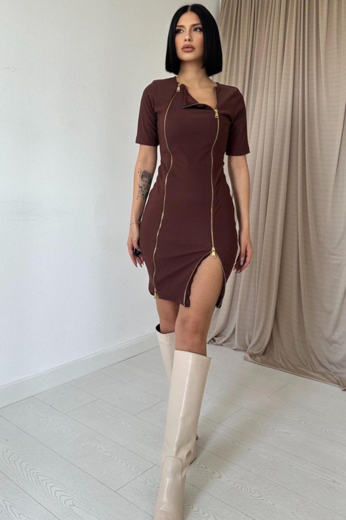 MRA Fashion Kahverengi Fermuarlı Ottoman Elbise