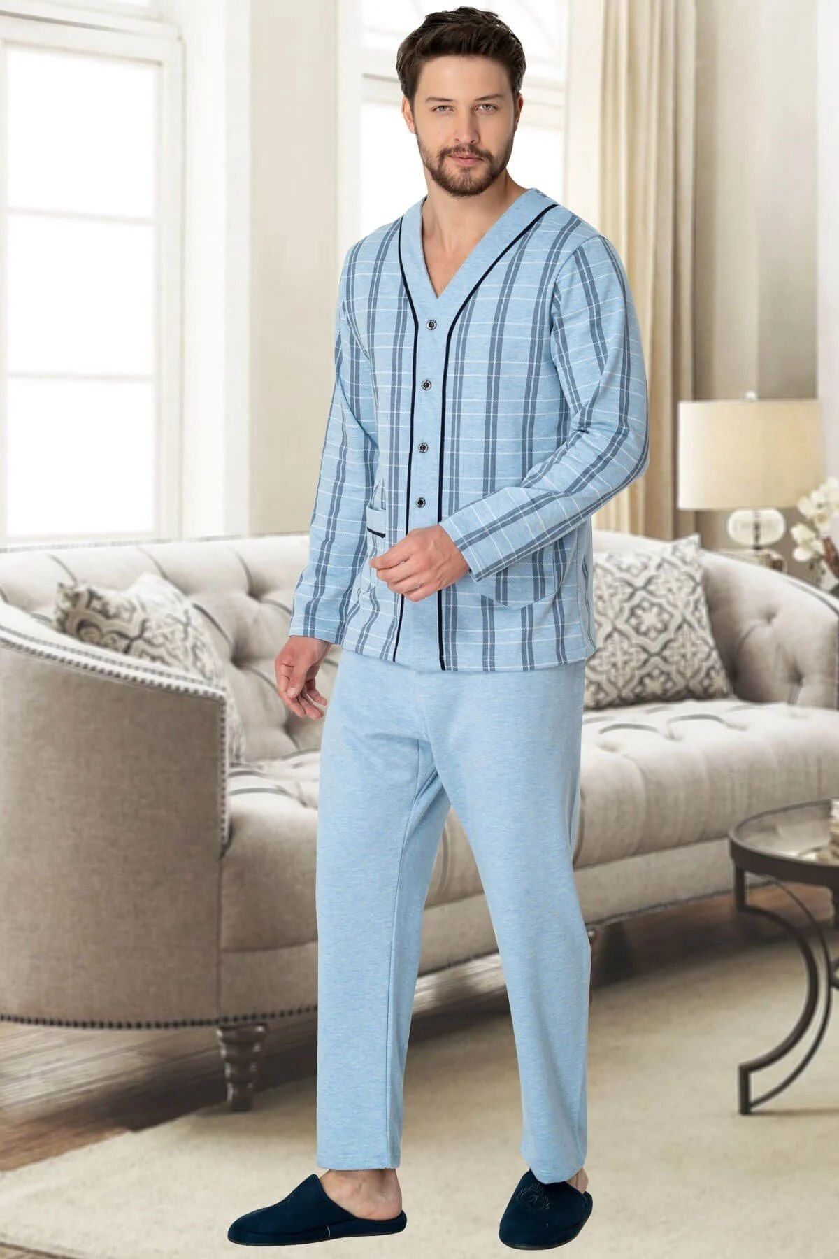 Mecit Pijama-Buttoned Front Plus Size Men's Pajamas Set 100% Cotton Autumn-Winter Season 1