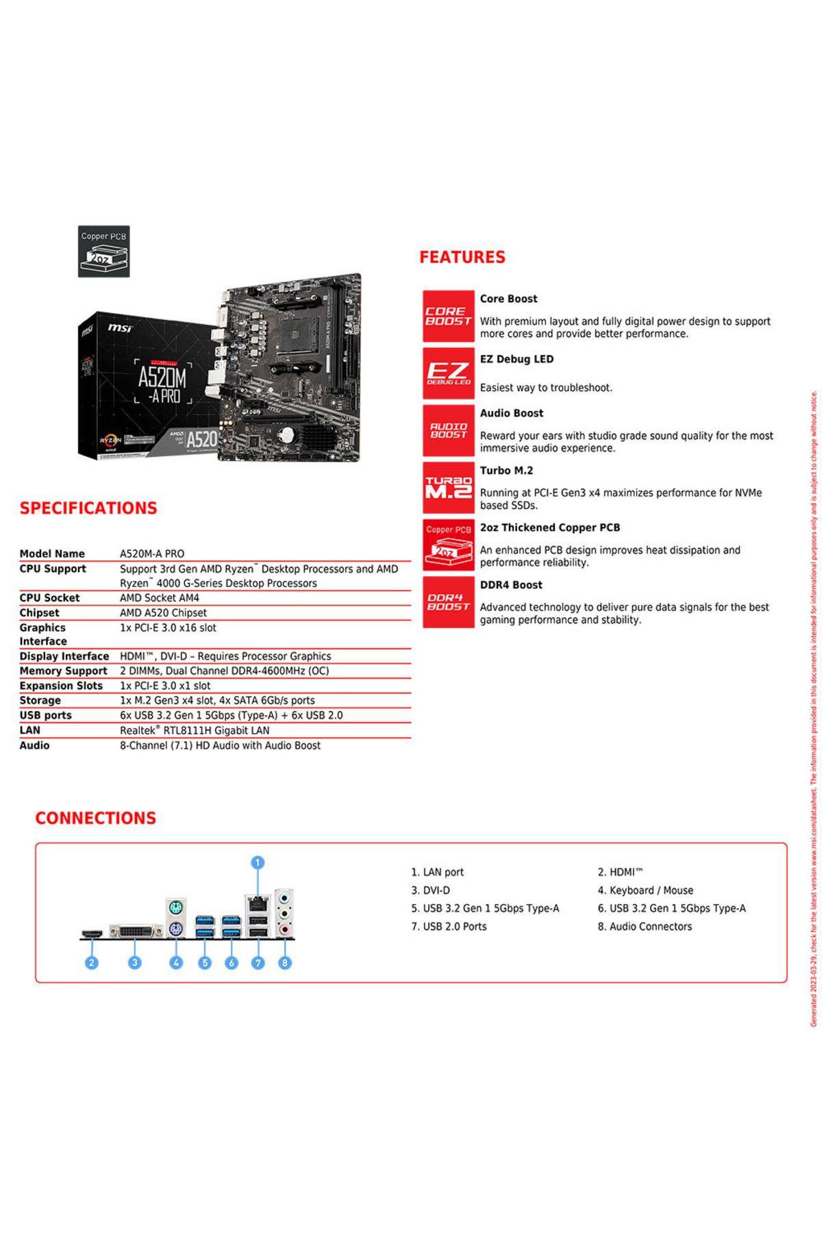 Choice-اللوحات الأم MSI AMD A520M-A PRO تدعم اللوحة الأم Ryzen CPU R3 R5 R7 5000 & 3000 Series 6