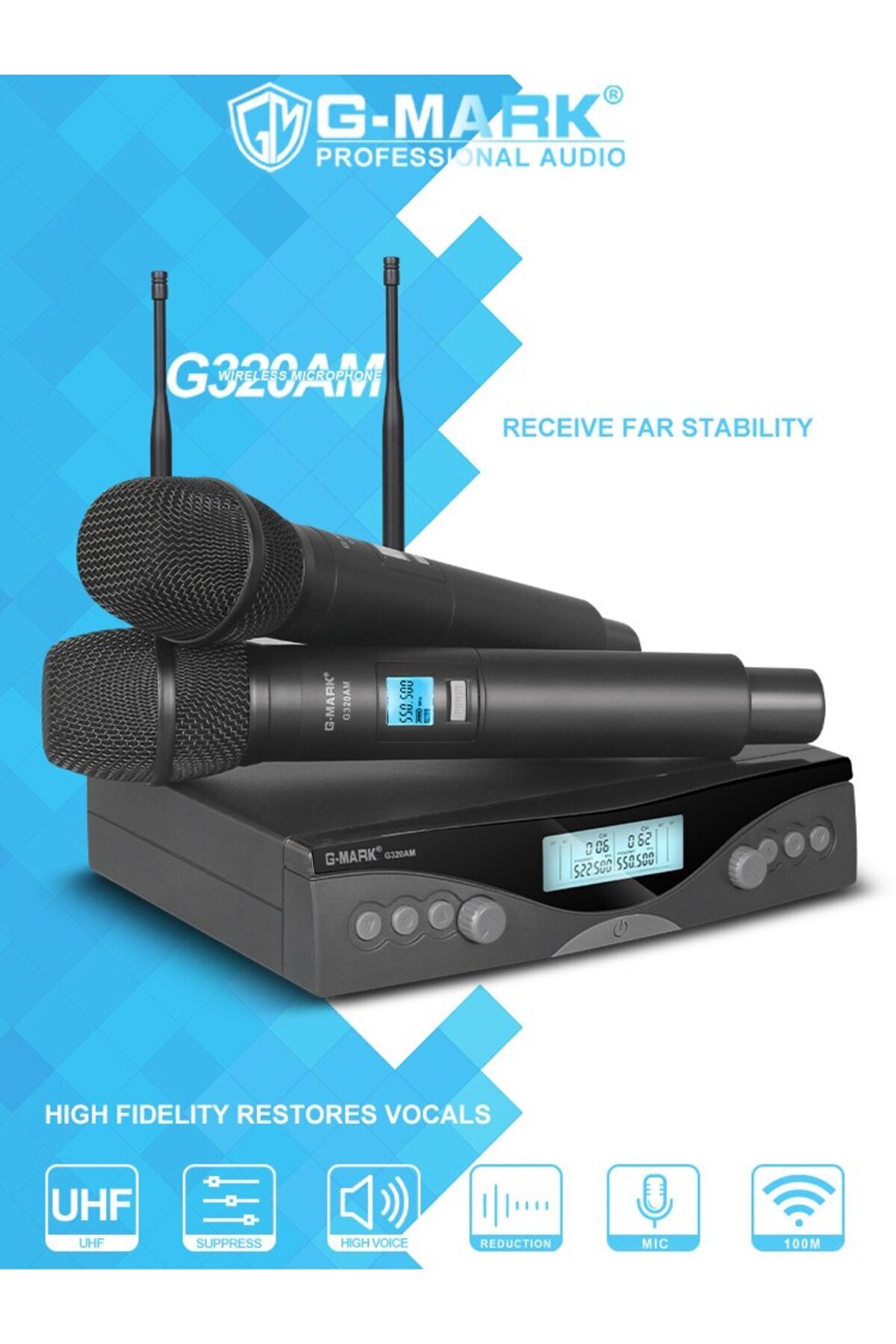 Choice-G320AM-EUplug Wireless Microphone G-MARK G320AM Professional UHF 2 Channels Karaoke Mic Handheld Aut 7